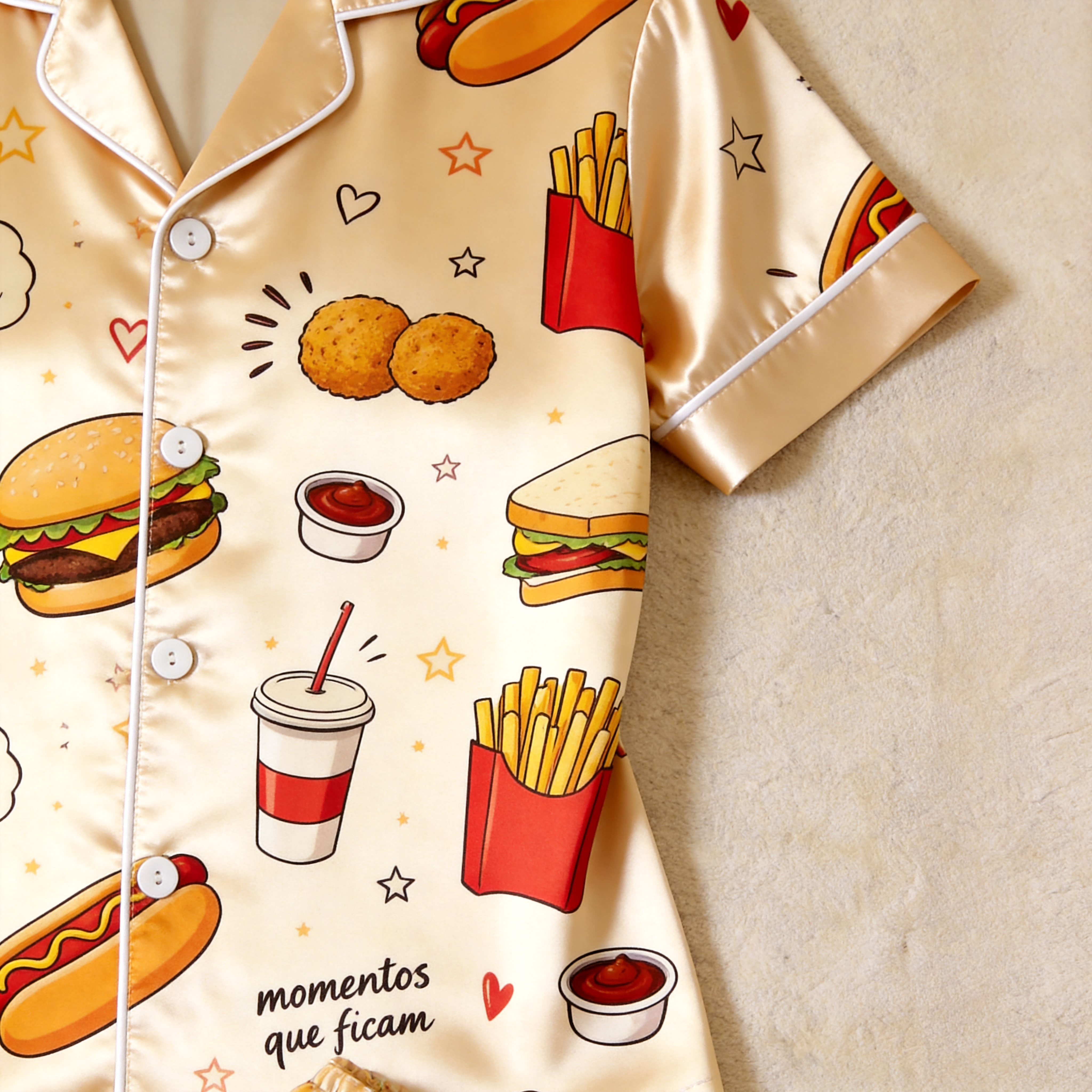 Burger & Fries Comfort Food Motif Satin Couples Pajamas – Short Sleeve Button-Up Loungewear Set with Pants