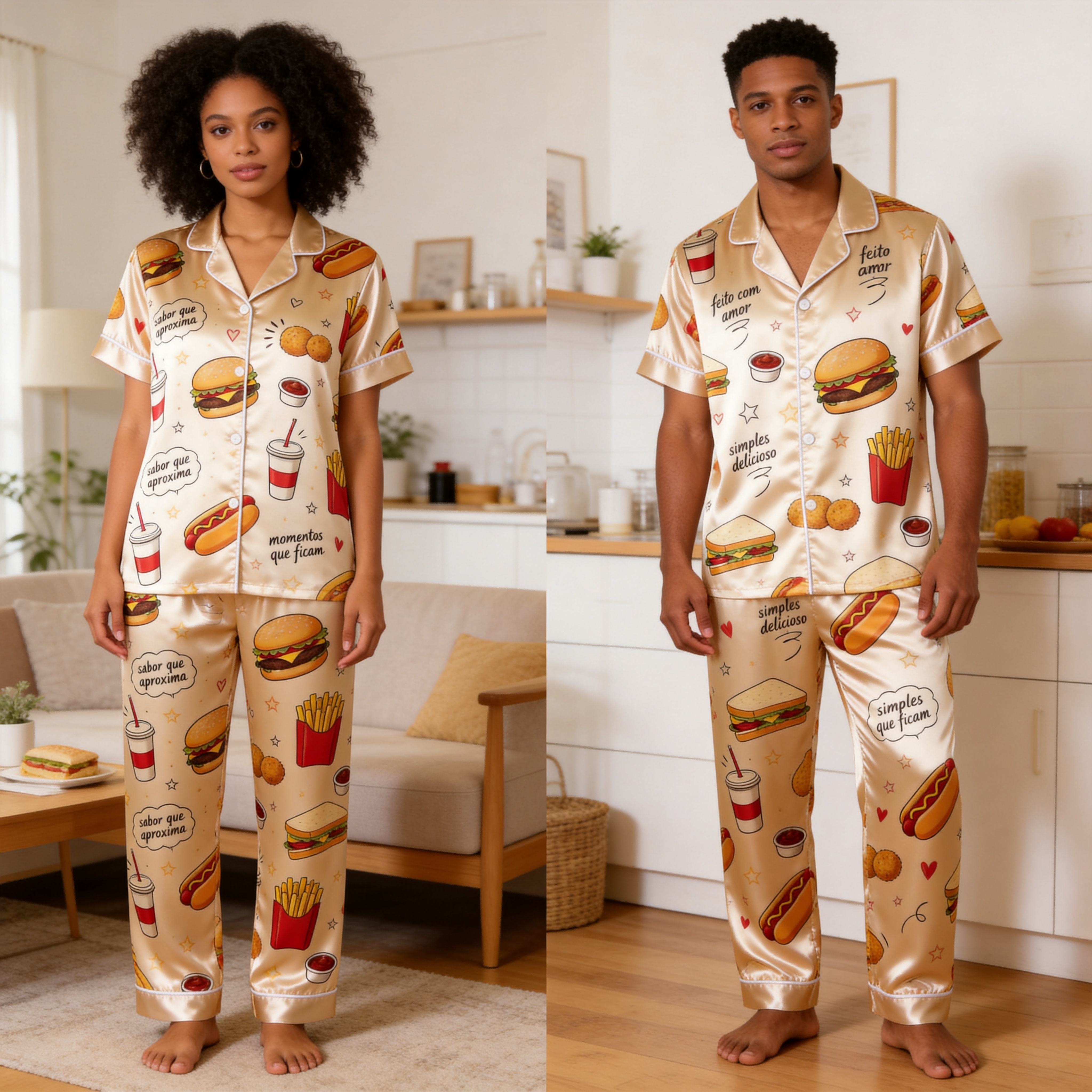 Burger & Fries Comfort Food Motif Satin Couples Pajamas – Short Sleeve Button-Up Loungewear Set with Pants