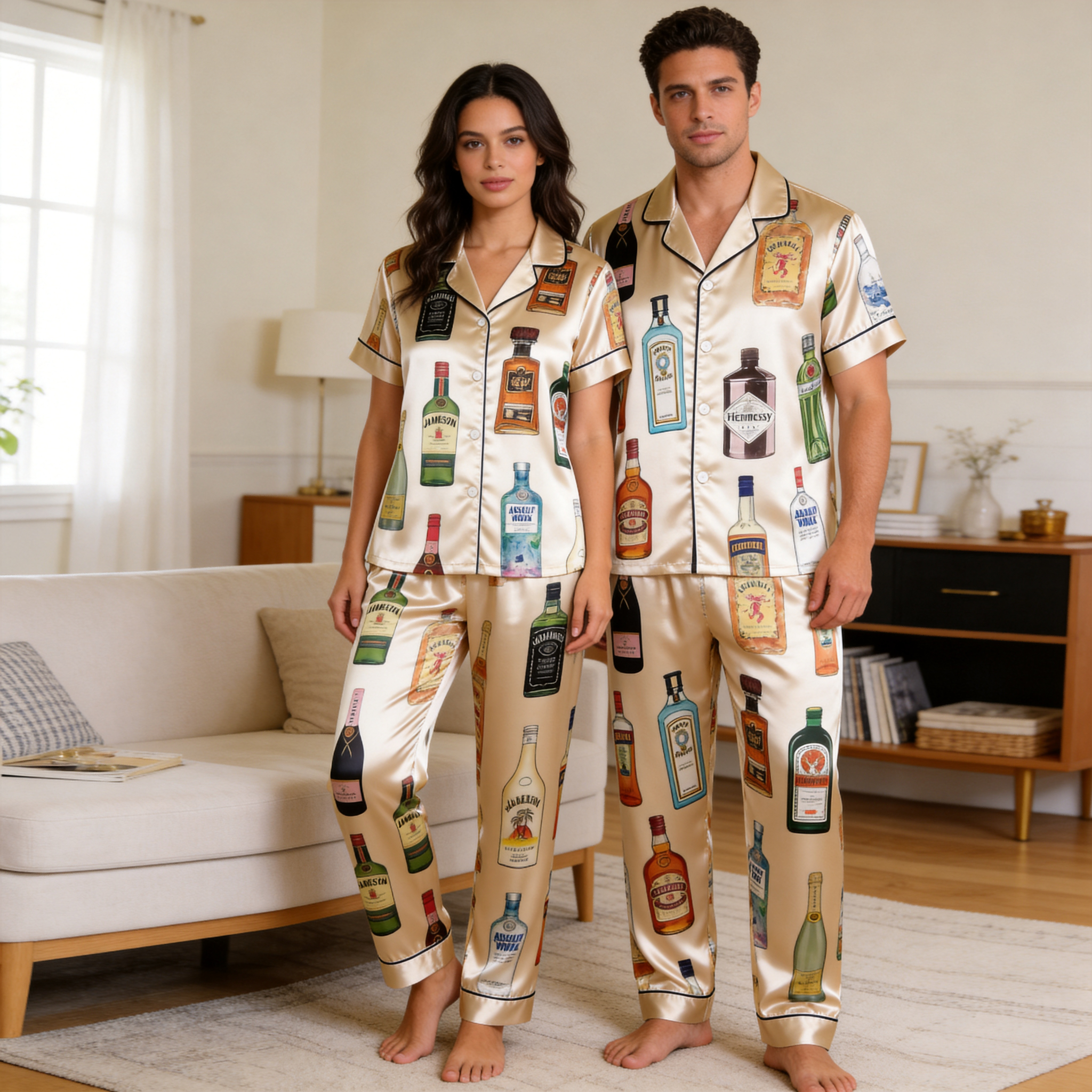 Happy Hour Bottle Print Satin Matching Couple Pajamas – Short Sleeve Button-Down Top & Pants Sleepwear Set