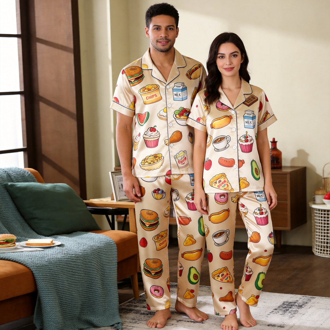 Classic All-American Diner Food Print Satin Matching Couple Pajamas – Short Sleeve Button-Down Top & Pants Sleepwear Set