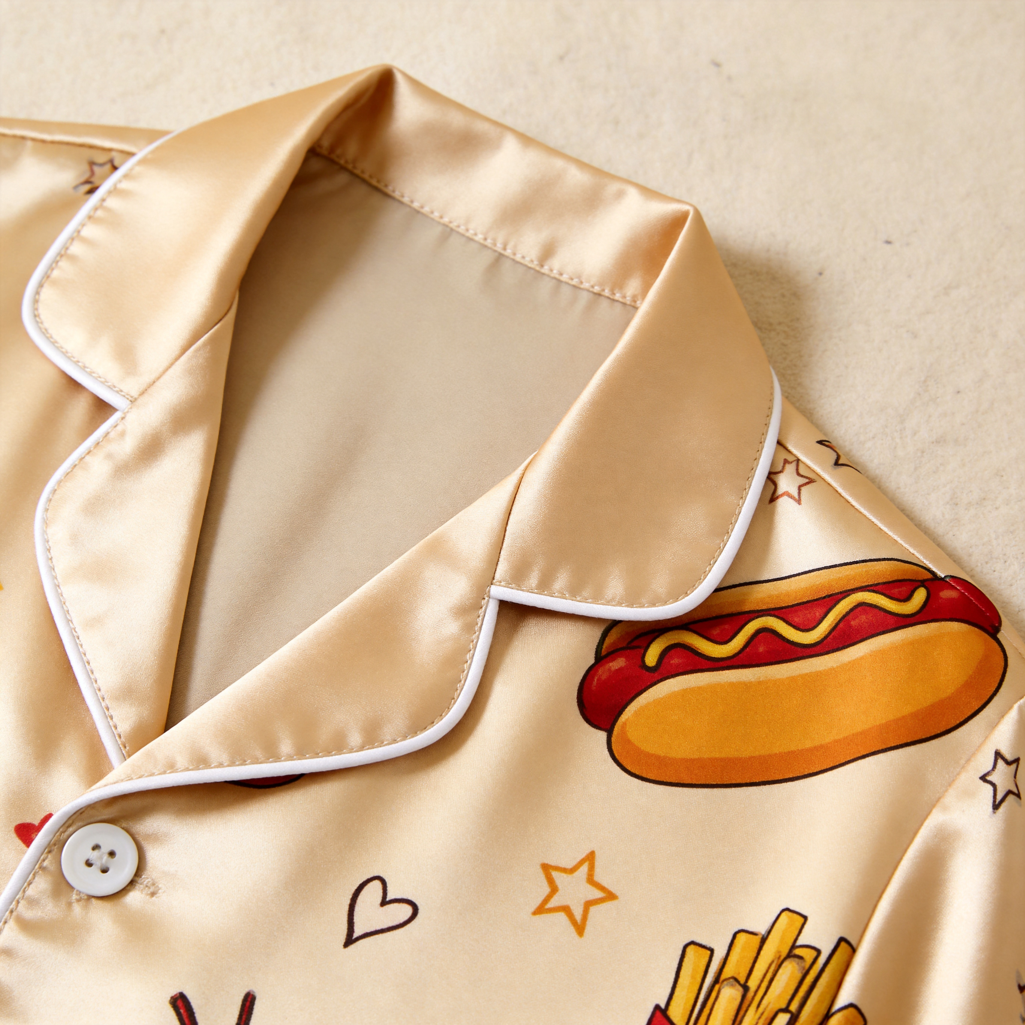 Burger & Fries Comfort Food Motif Satin Couples Pajamas – Short Sleeve Button-Up Loungewear Set with Pants