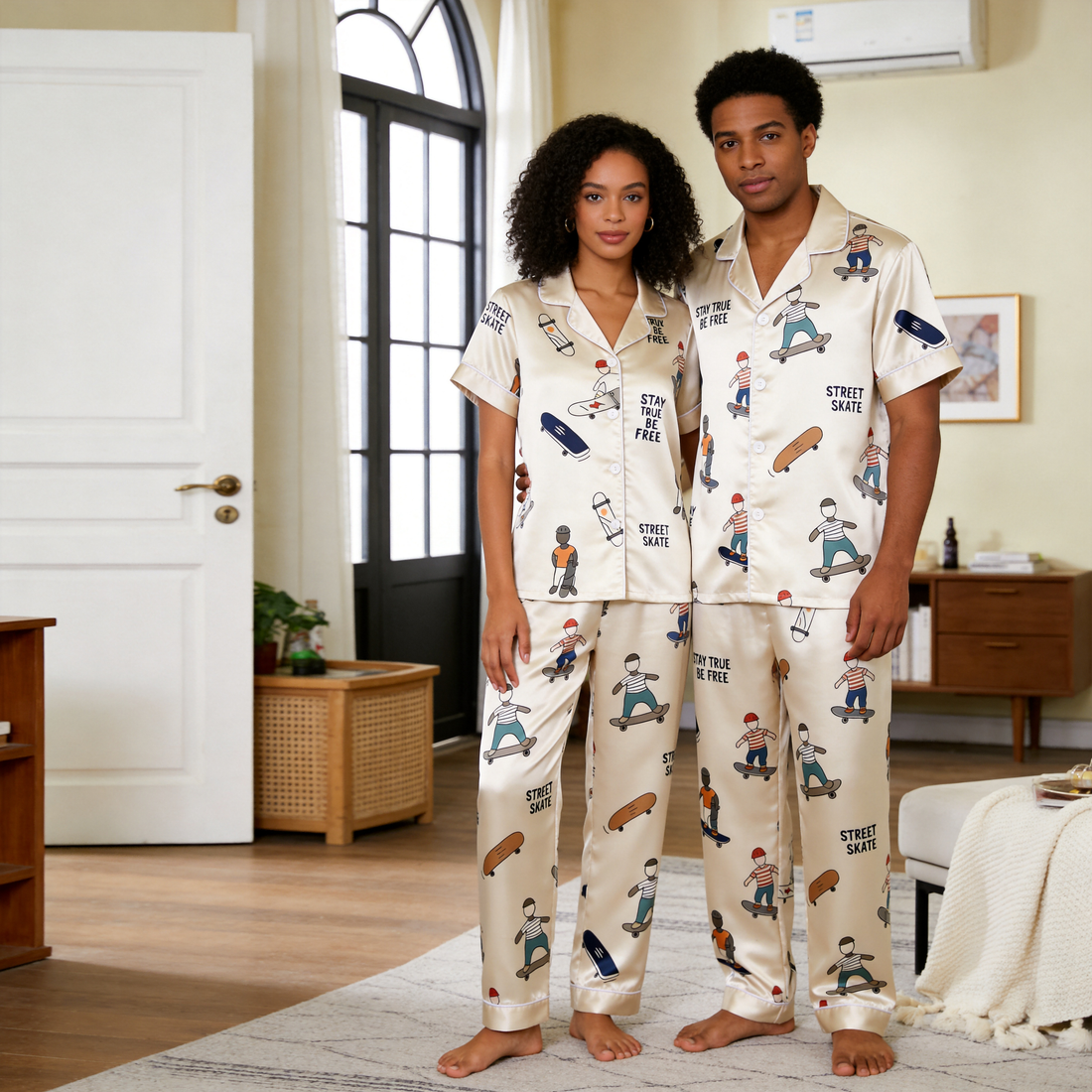 Cool Skateboard Print Satin Matching Couple Pajamas – Short Sleeve Button-Down Top & Pants Sleepwear Set
