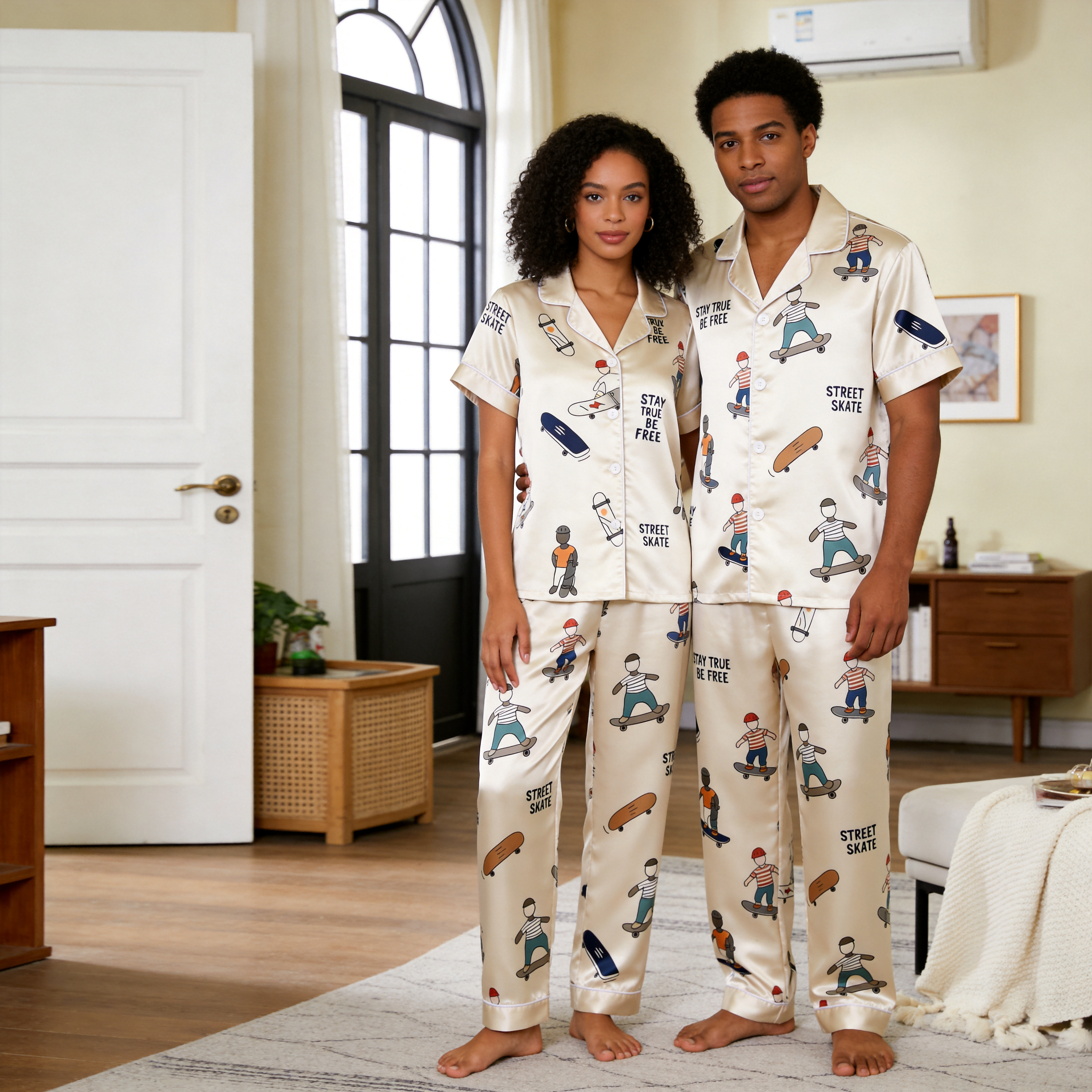 American Football Print Satin Matching Couple Pajamas – Short Sleeve Button-Down Top & Pants Sleepwear Set