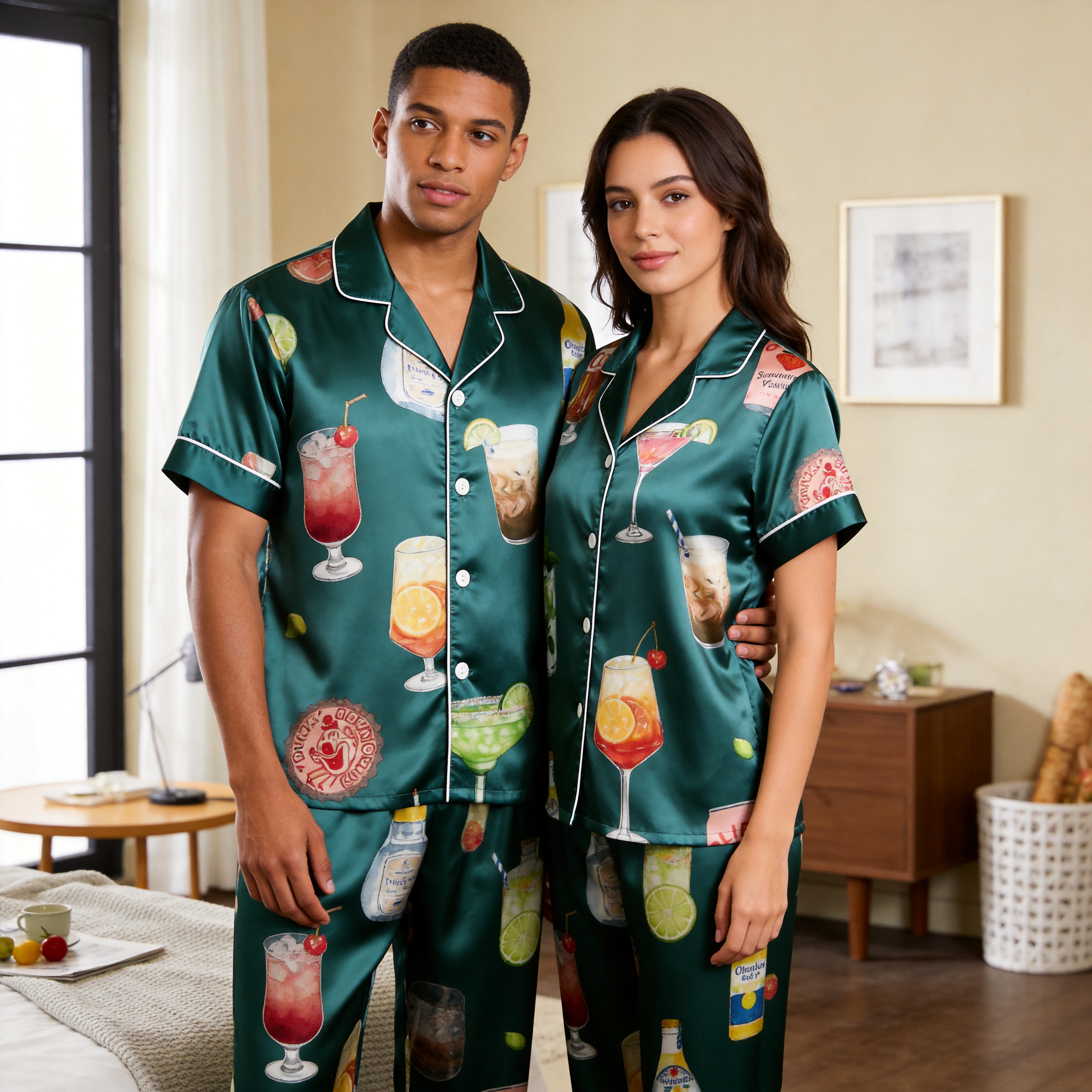 Happy Hour Bottle Print Satin Matching Couple Pajamas – Short Sleeve Button-Down Top & Pants Sleepwear Set