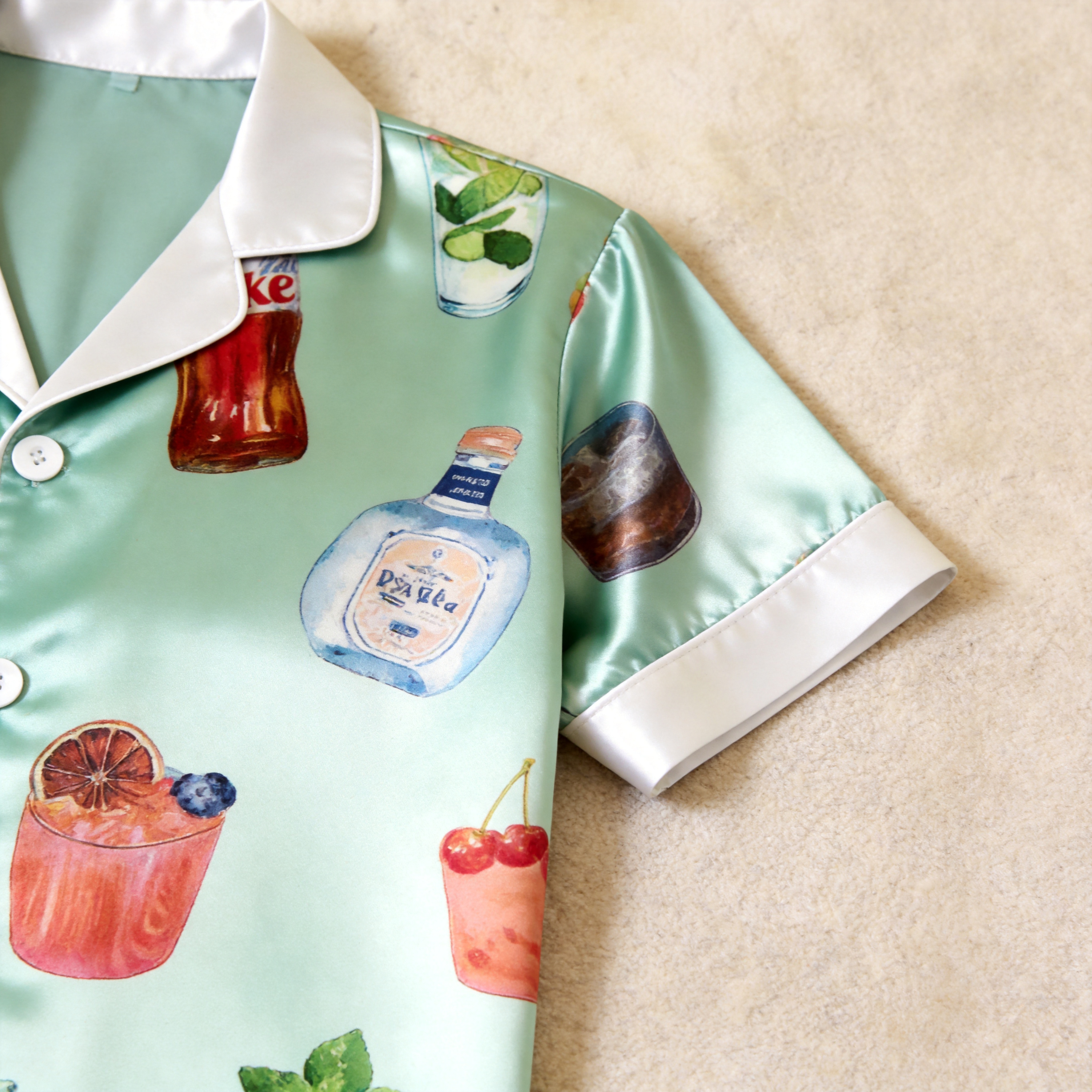 Happy Hour Bottle Print Satin Matching Couple Pajamas – Short Sleeve Button-Down Top & Pants Sleepwear Set