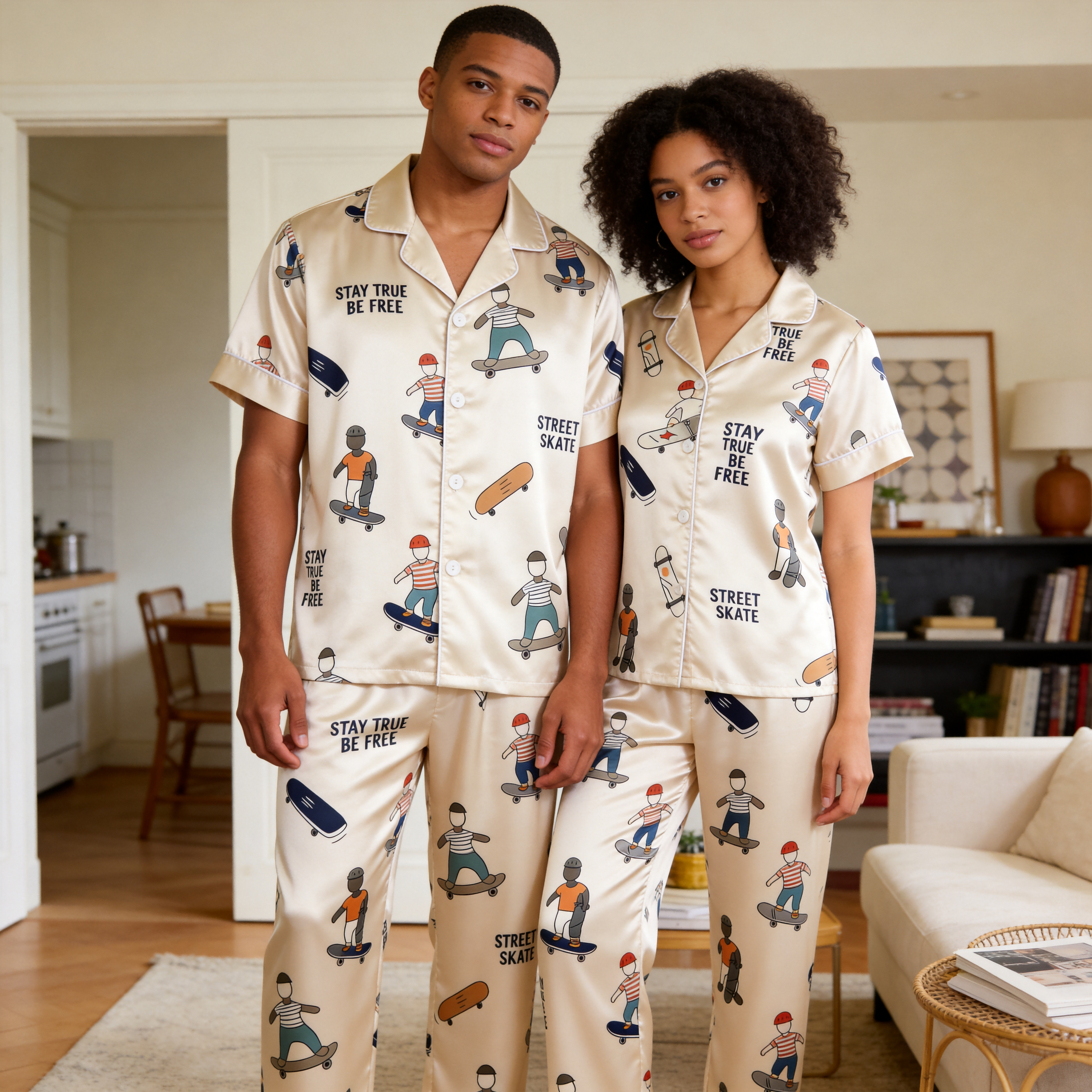 American Football Print Satin Matching Couple Pajamas – Short Sleeve Button-Down Top & Pants Sleepwear Set
