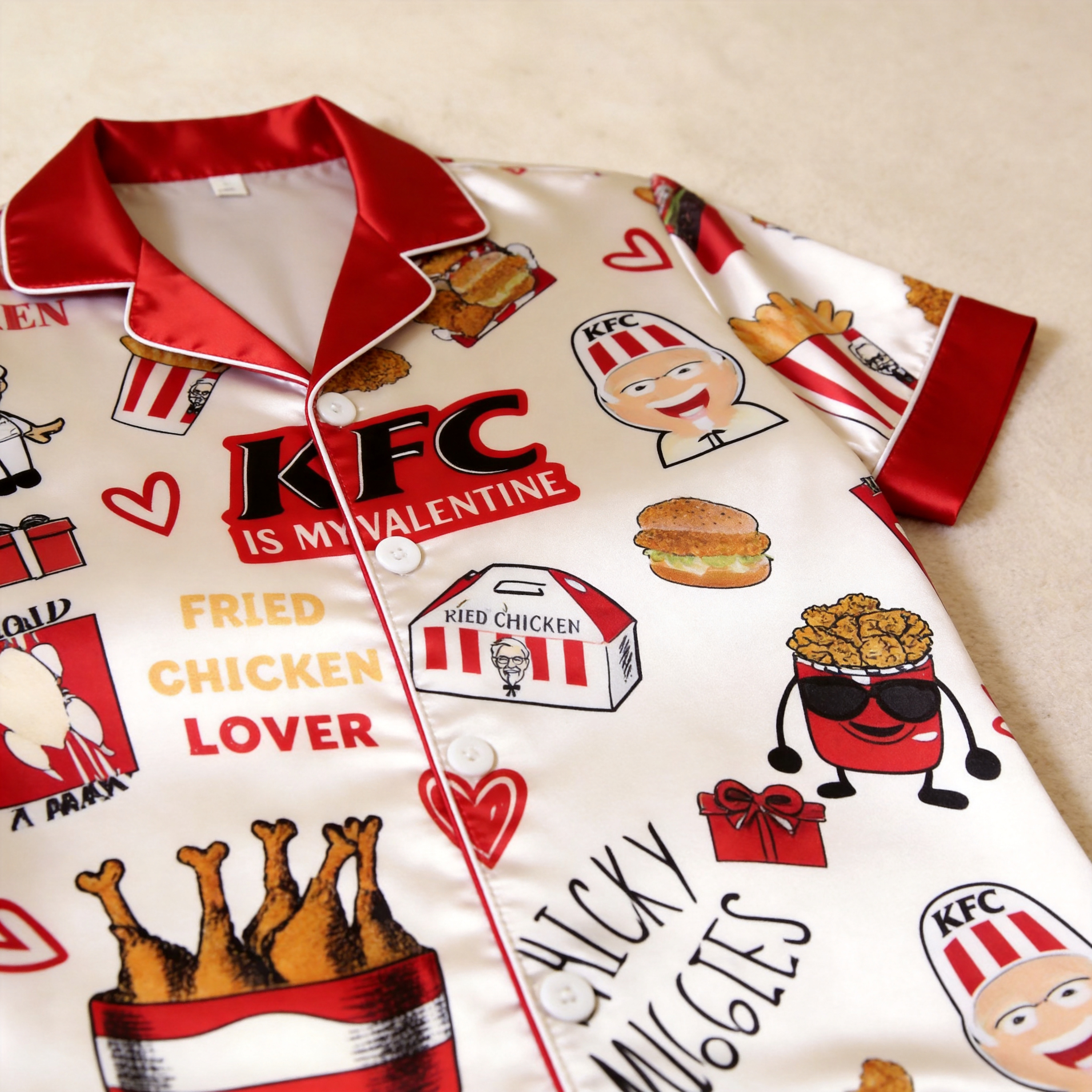 Burger & Fries Comfort Food Motif Satin Couples Pajamas – Short Sleeve Button-Up Loungewear Set with Pants
