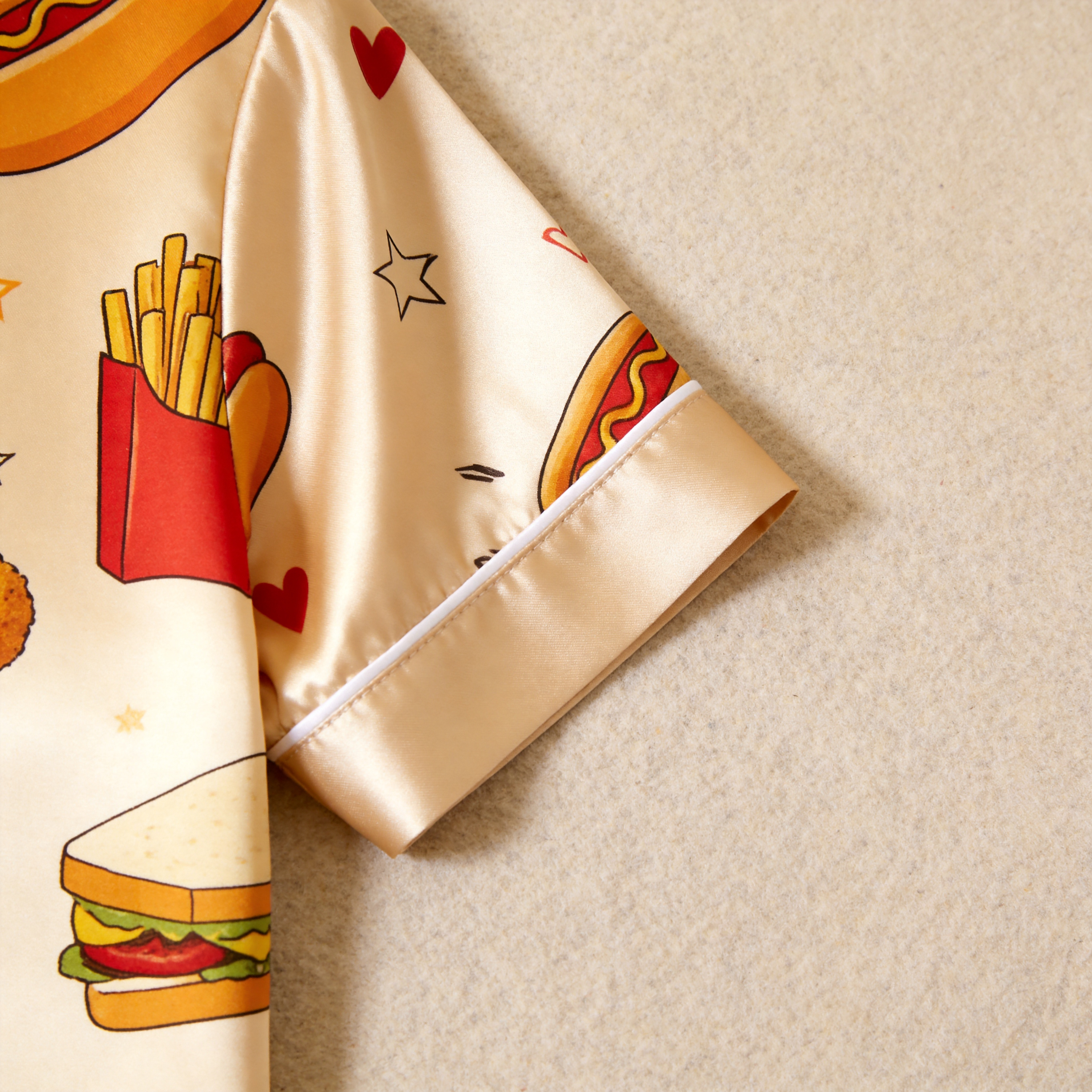 Burger & Fries Comfort Food Motif Satin Couples Pajamas – Short Sleeve Button-Up Loungewear Set with Pants