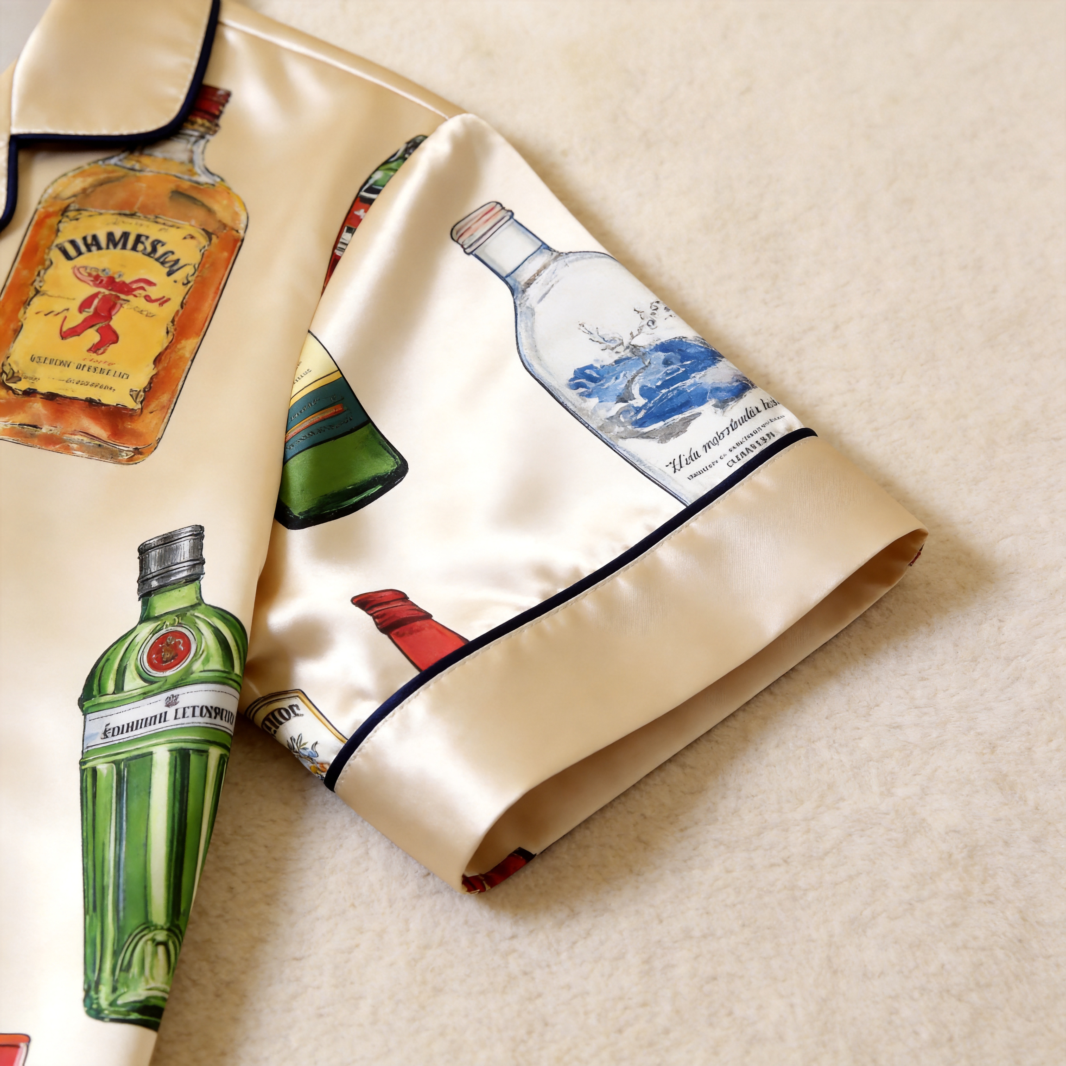 Happy Hour Bottle Print Satin Matching Couple Pajamas – Short Sleeve Button-Down Top & Pants Sleepwear Set