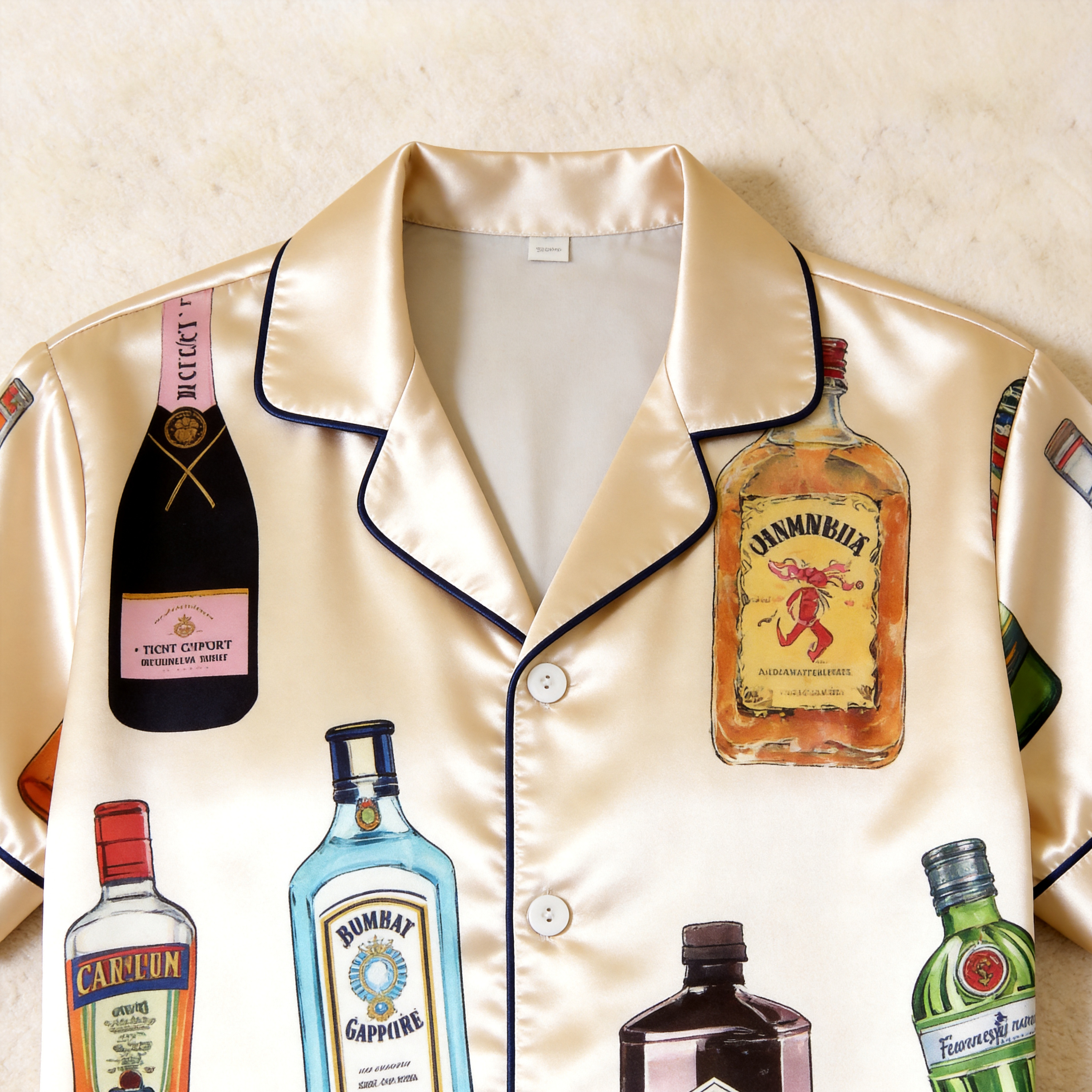 Happy Hour Bottle Print Satin Matching Couple Pajamas – Short Sleeve Button-Down Top & Pants Sleepwear Set