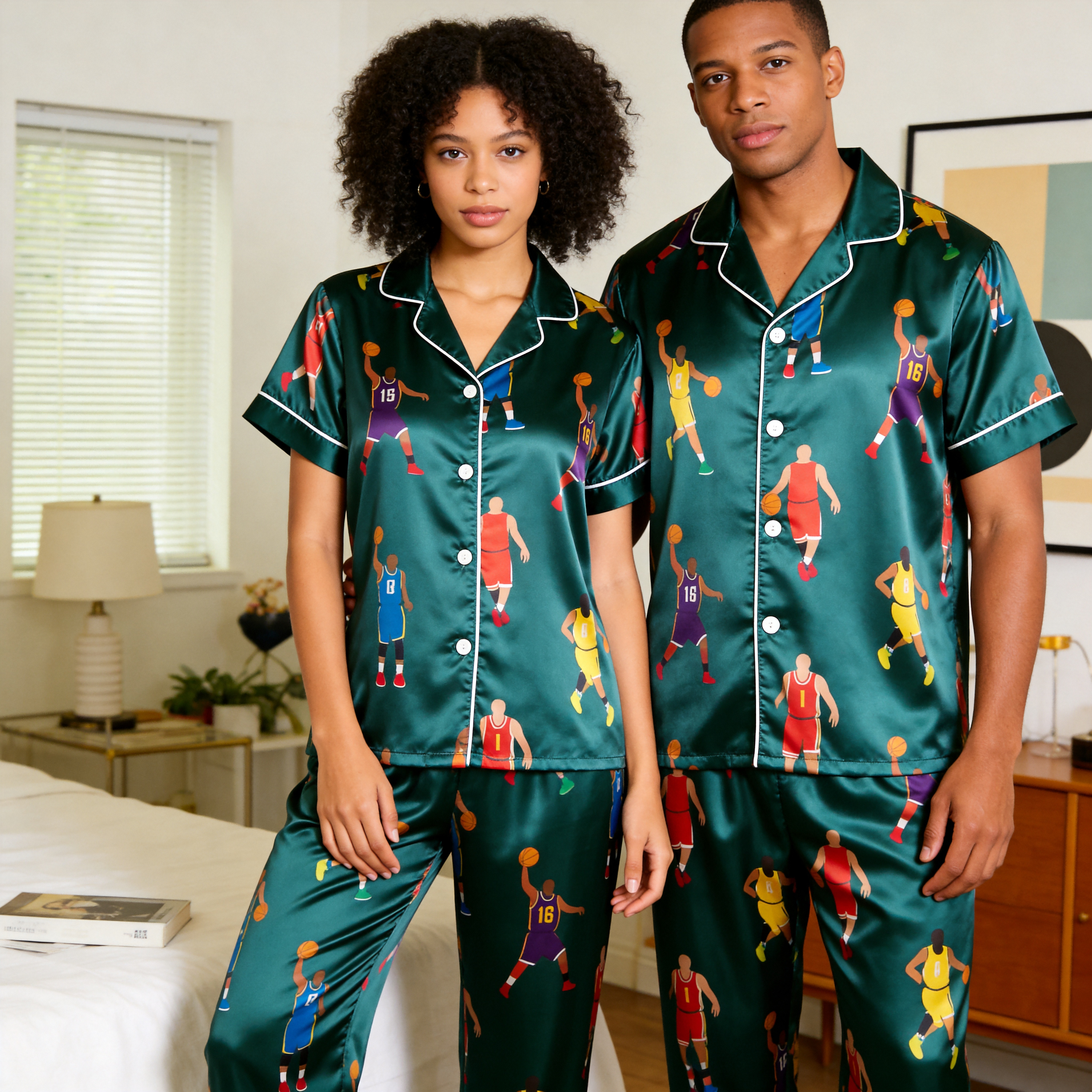 American Football Print Satin Matching Couple Pajamas – Short Sleeve Button-Down Top & Pants Sleepwear Set
