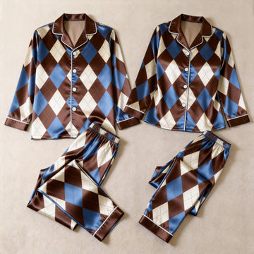 Argyle Satin Matching Pajamas for Couples – Long Sleeve Button-Down Top & Pants Sleepwear Set (Copy)