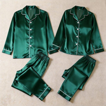 Solid Satin Long Sleeve Couple Button-Down Pajamas