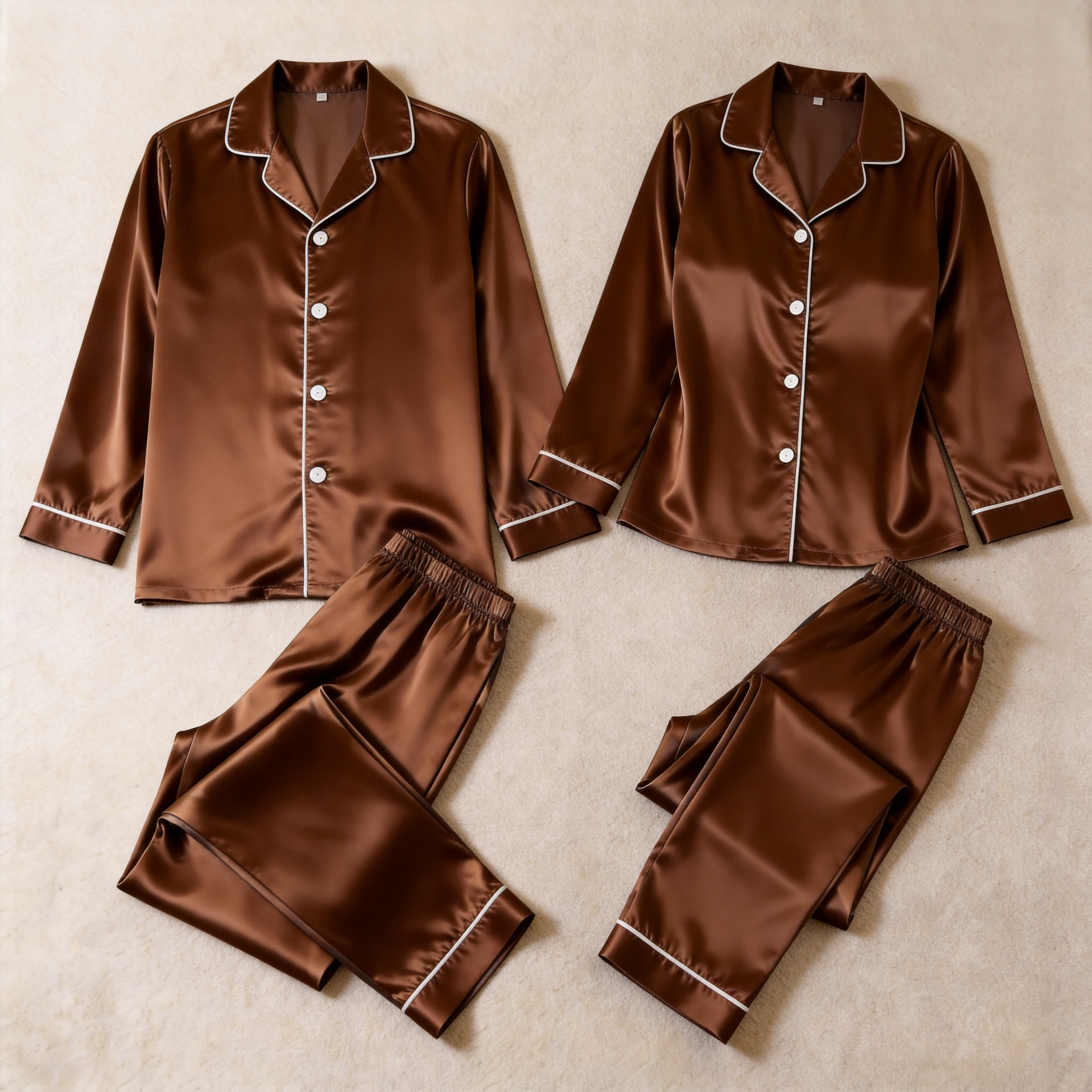 Solid Satin Long Sleeve Couple Button-Down Pajamas