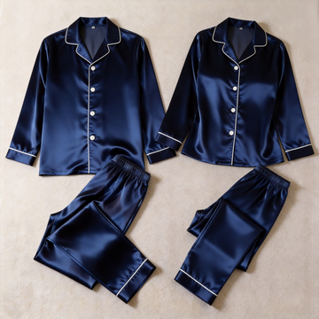 Solid Navy Satin Long Sleeve Couple Button-Down Pajamas