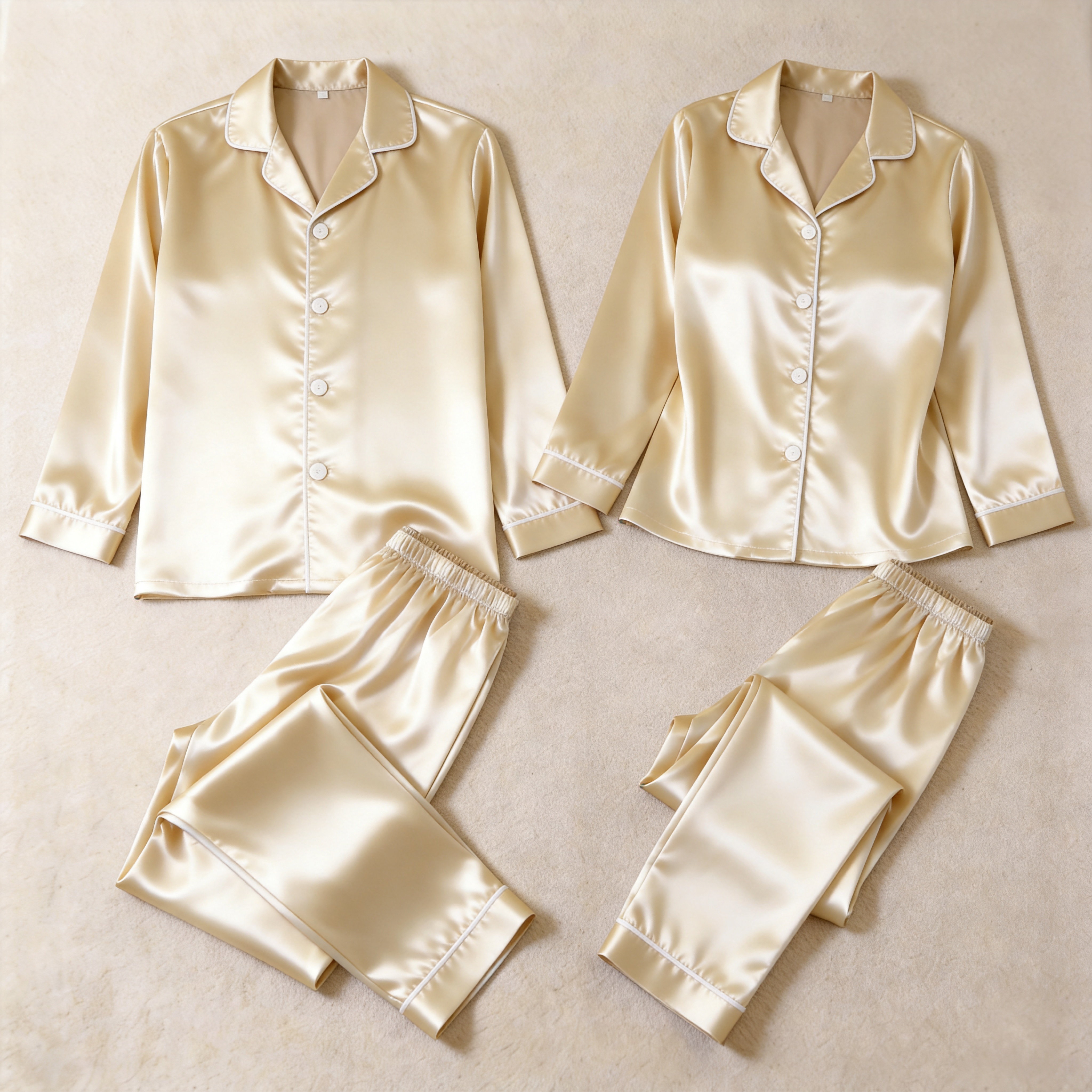 Solid Satin Long Sleeve Couple Button-Down Pajamas