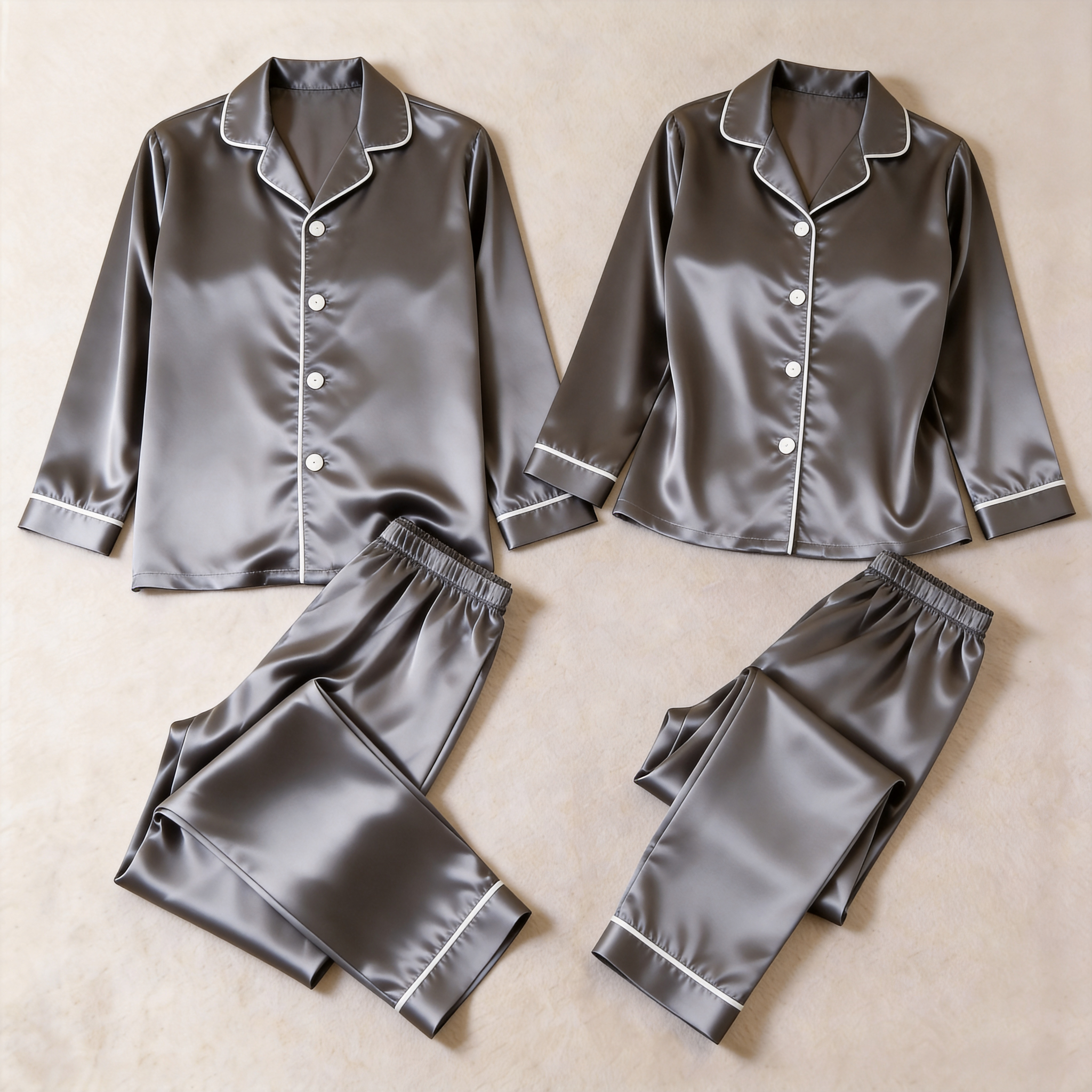 Solid Satin Long Sleeve Couple Button-Down Pajamas