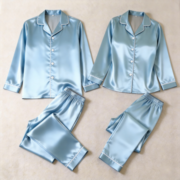 Solid BabyBlue Satin Long Sleeve Couple Button-Down Pajamas