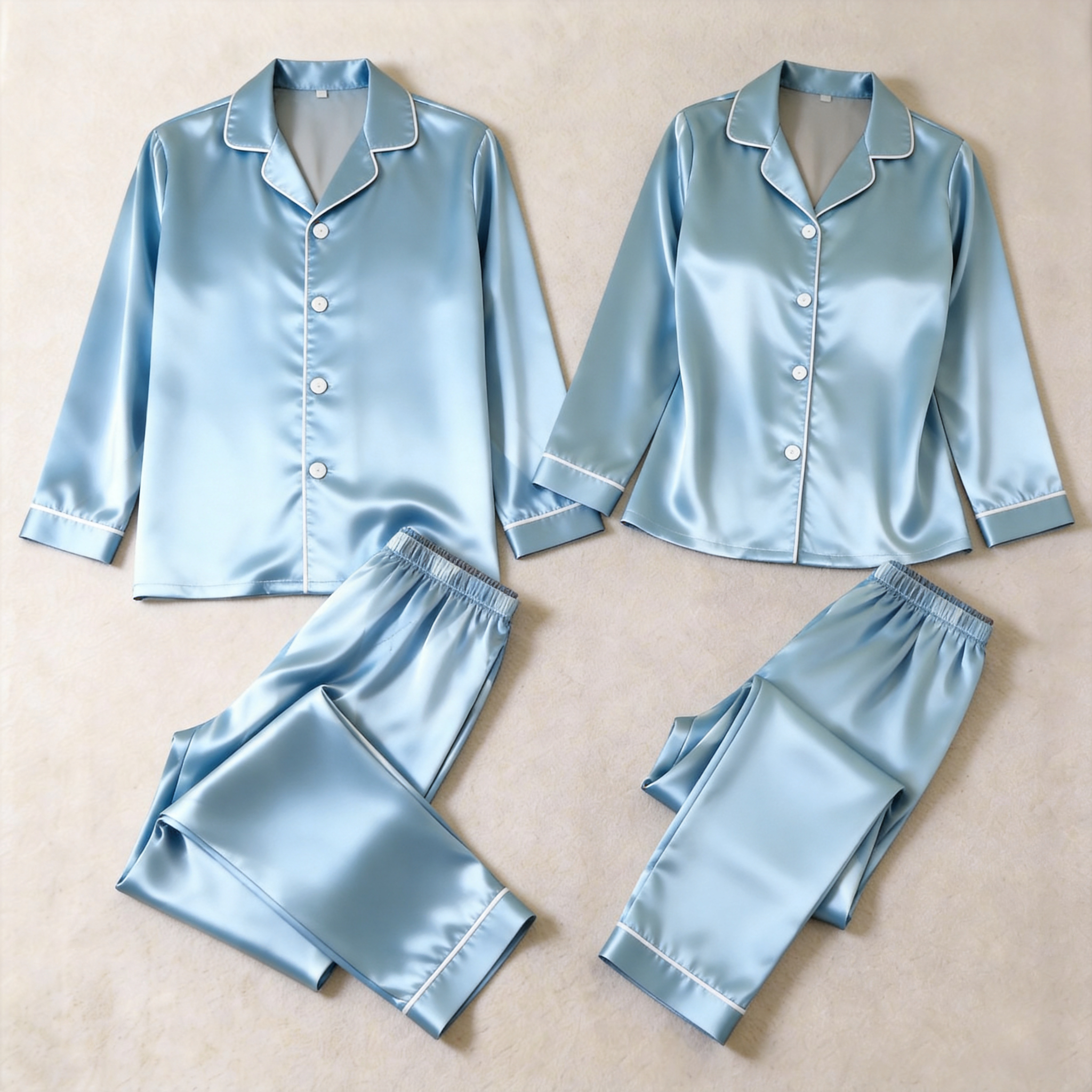 Solid Satin Long Sleeve Couple Button-Down Pajamas