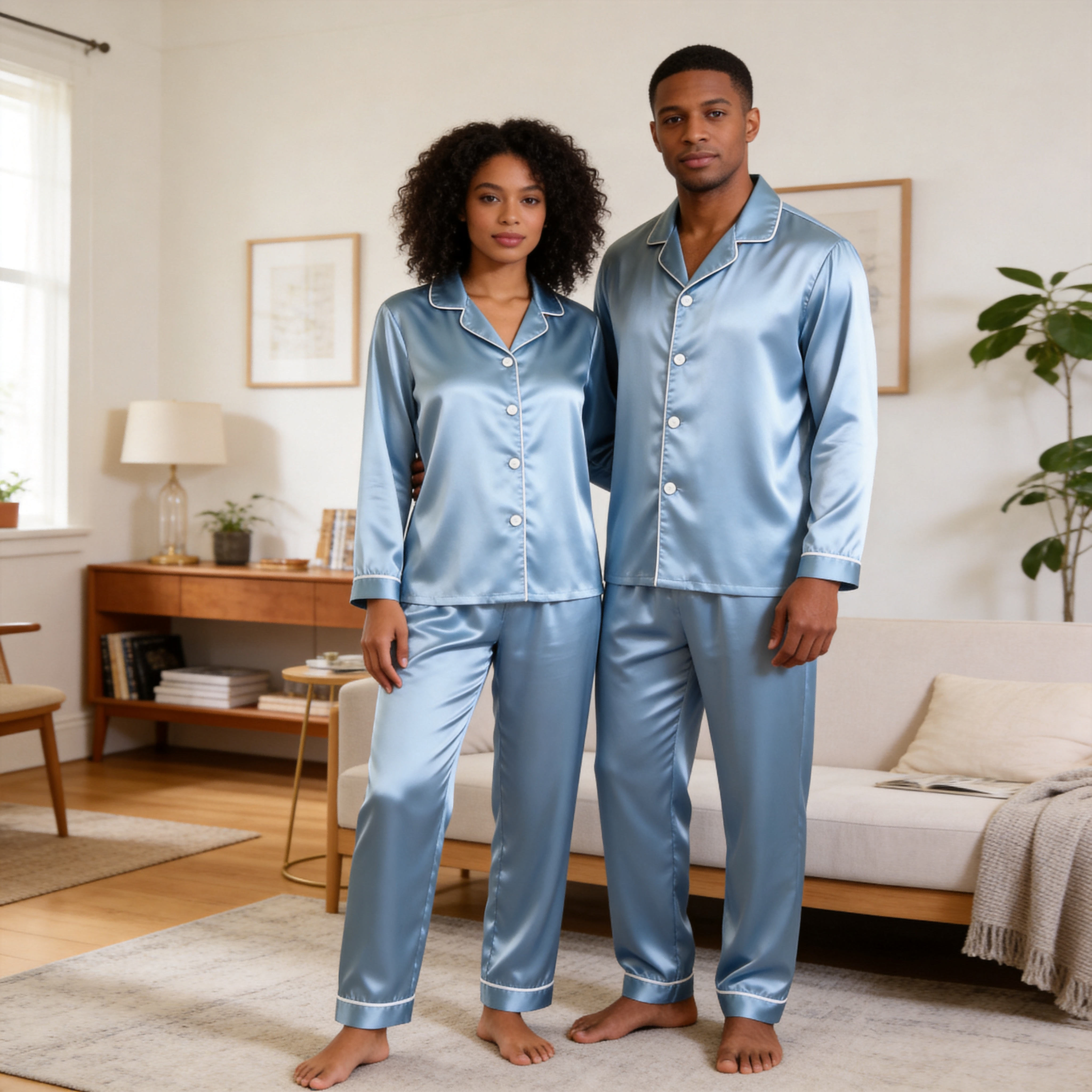 Solid Chocolate Satin Long Sleeve Couple Button-Down Pajamas