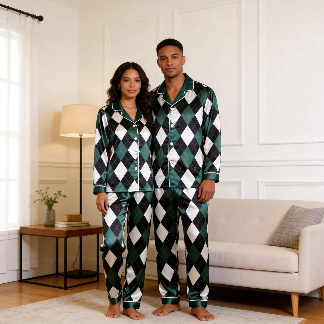 Green Argyle Satin Matching Pajamas for Couples – Long Sleeve Button-Down Top & Pants Sleepwear Set