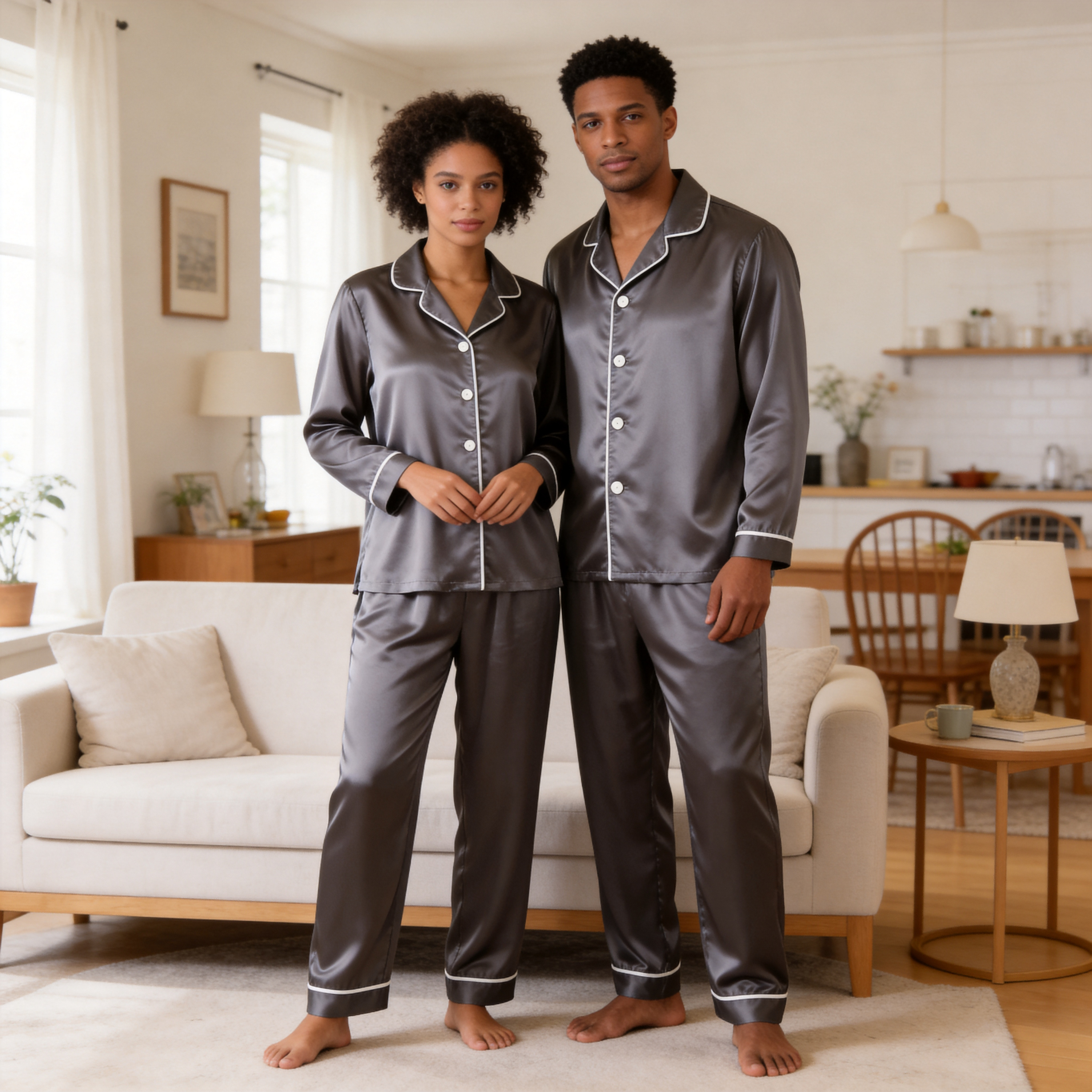 Solid Chocolate Satin Long Sleeve Couple Button-Down Pajamas