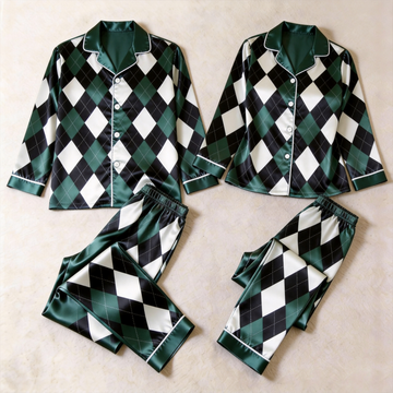 Green Argyle Satin Matching Pajamas for Couples – Long Sleeve Button-Down Top & Pants Sleepwear Set