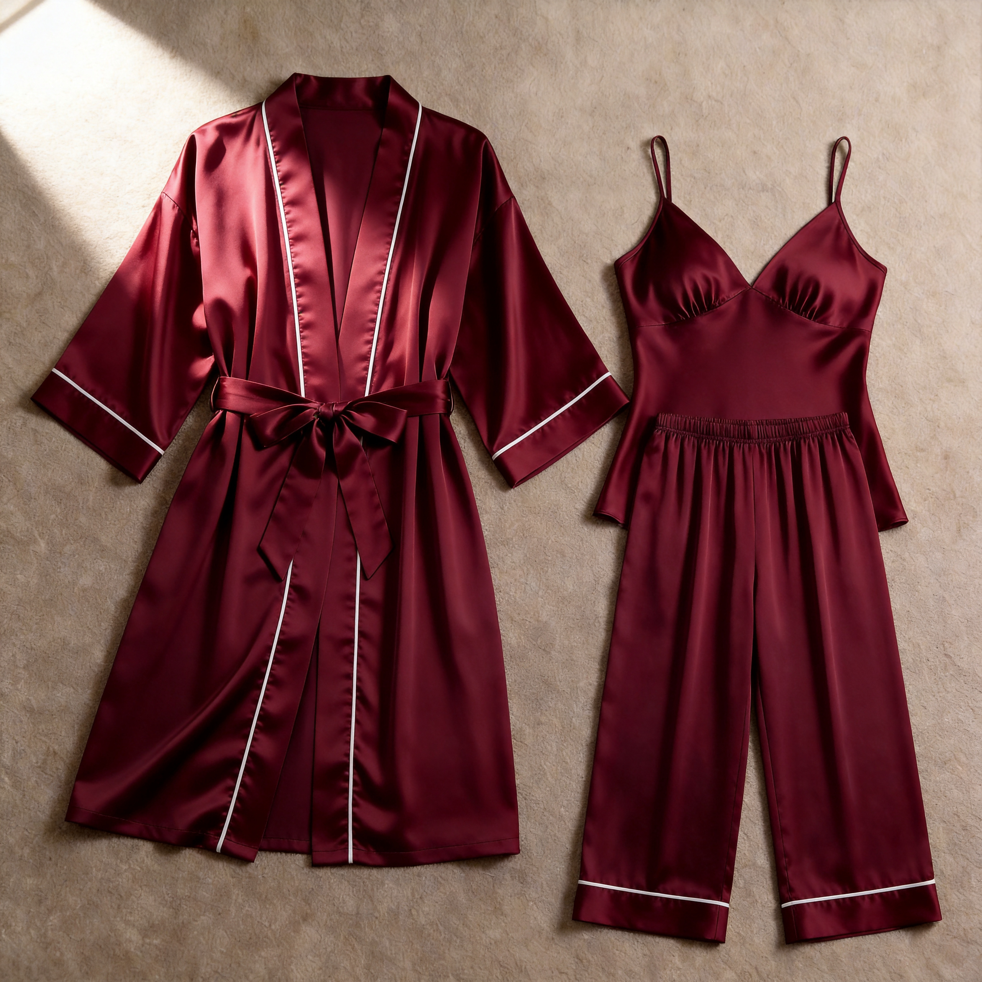 Solid Moonlight Silver Silky Satin Sleepwear Set - Women's Cozy Camisole, Long Pants & Matching Robe