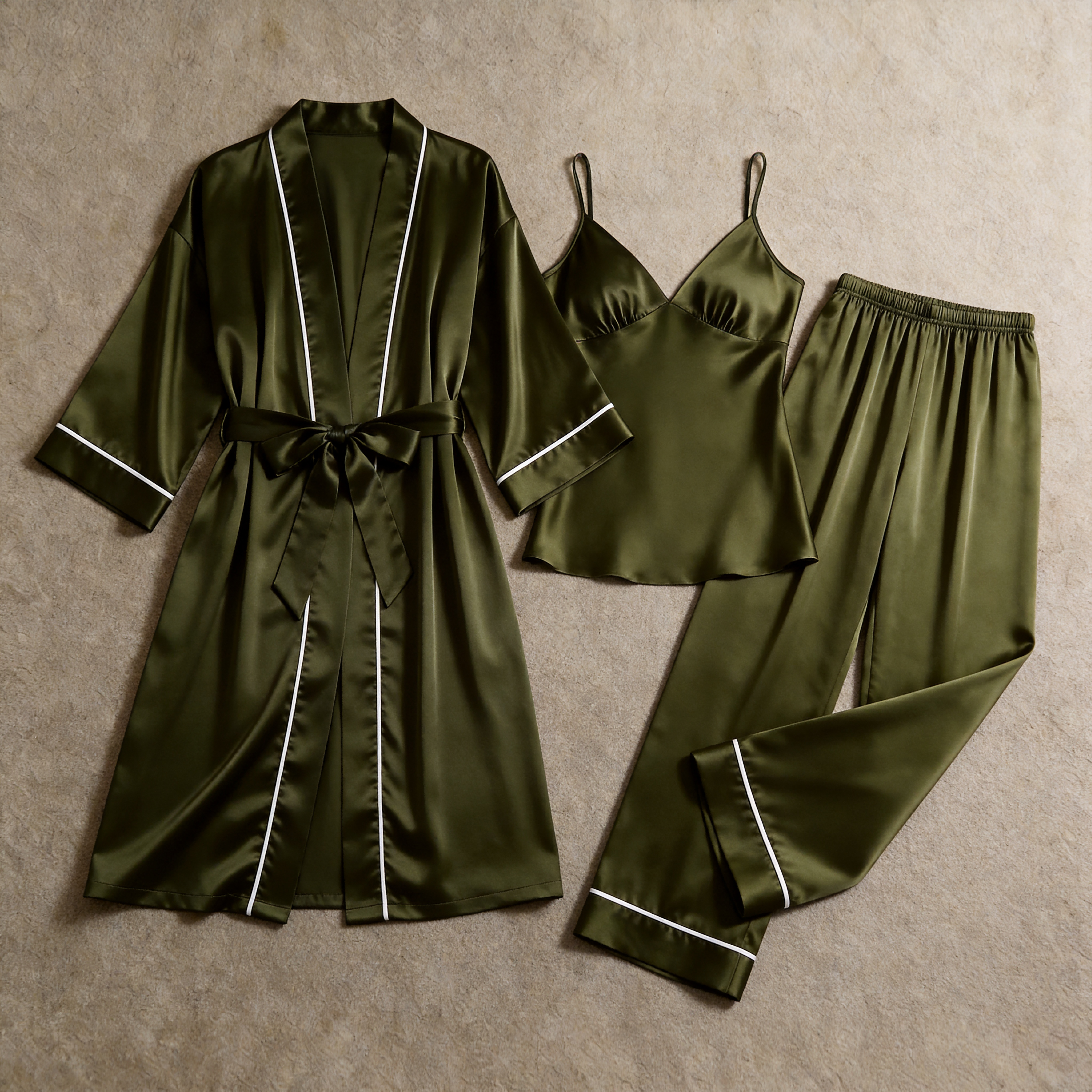Solid Moonlight Silver Silky Satin Sleepwear Set - Women's Cozy Camisole, Long Pants & Matching Robe