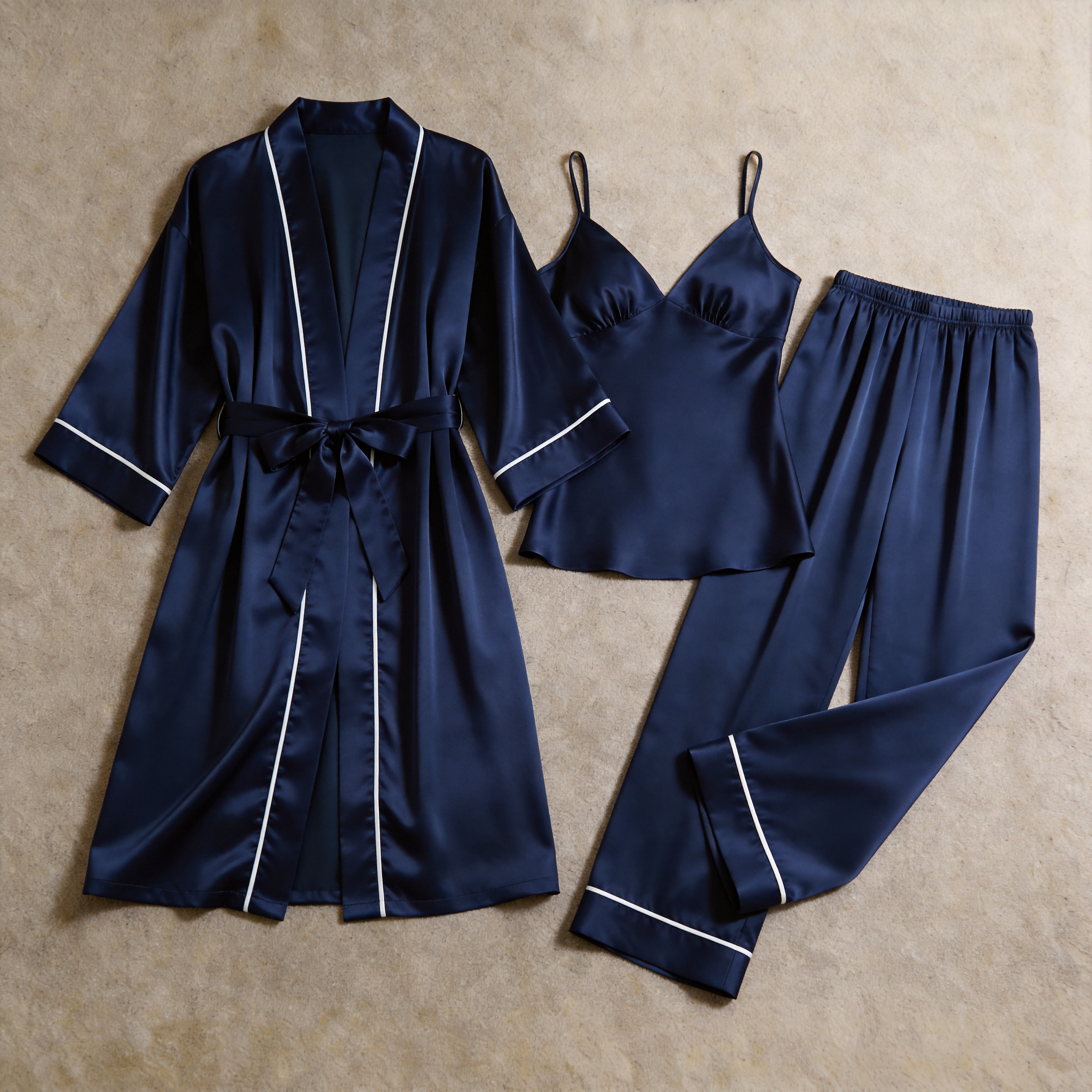 Solid Moonlight Silver Silky Satin Sleepwear Set - Women's Cozy Camisole, Long Pants & Matching Robe