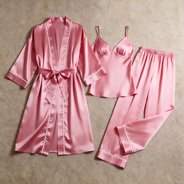Solid Dusty Rose Silky Satin Sleepwear Set - Women's Cozy Camisole, Long Pants & Matching Robe