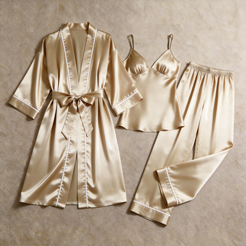 Solid Champagne Silky Satin Sleepwear Set - Women's Cozy Camisole, Long Pants & Matching Robe