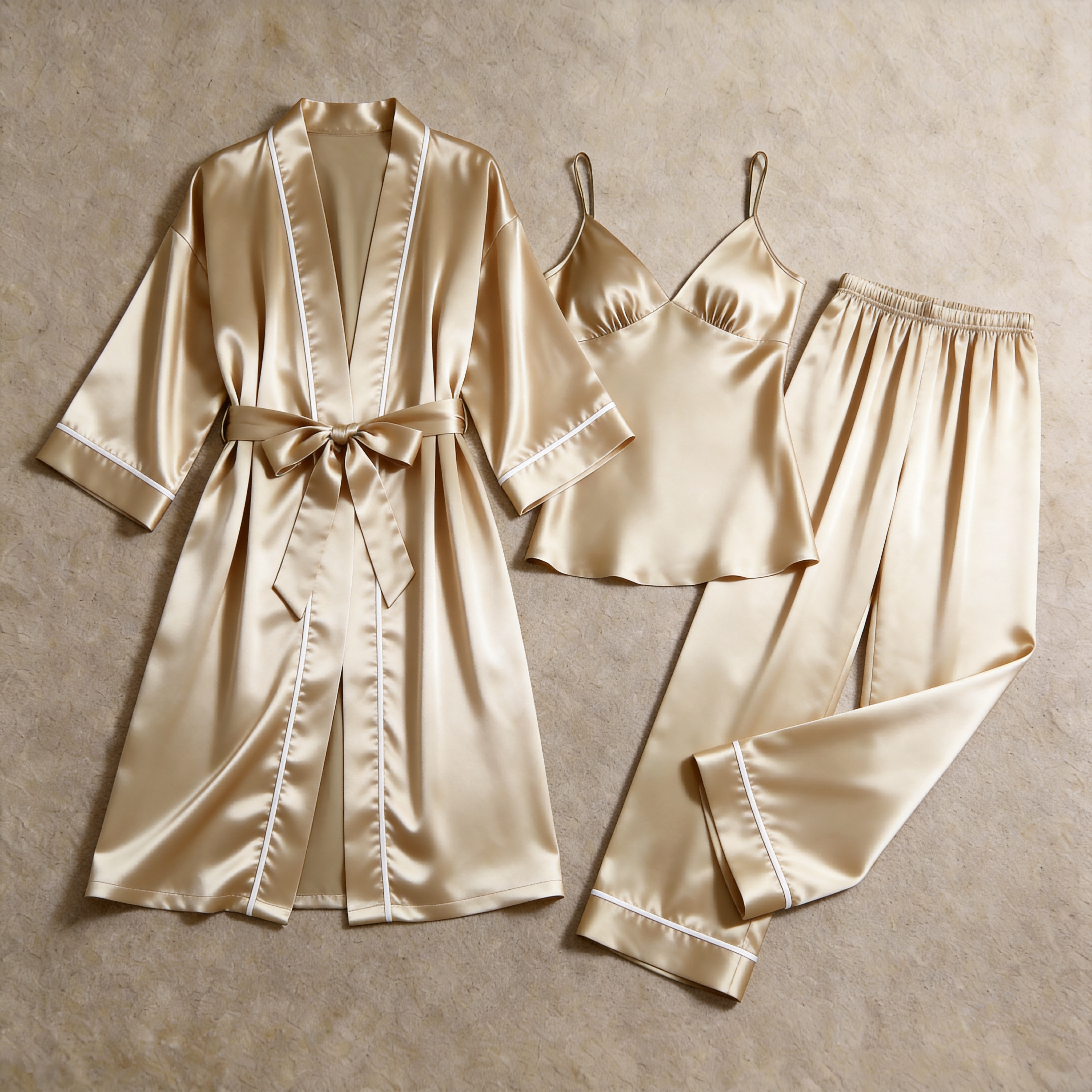 Solid Moonlight Silver Silky Satin Sleepwear Set - Women's Cozy Camisole, Long Pants & Matching Robe