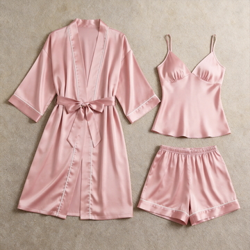 Solid Satin 3-Piece Sleepwear Set for Women - Robe, Camisole & Shorts