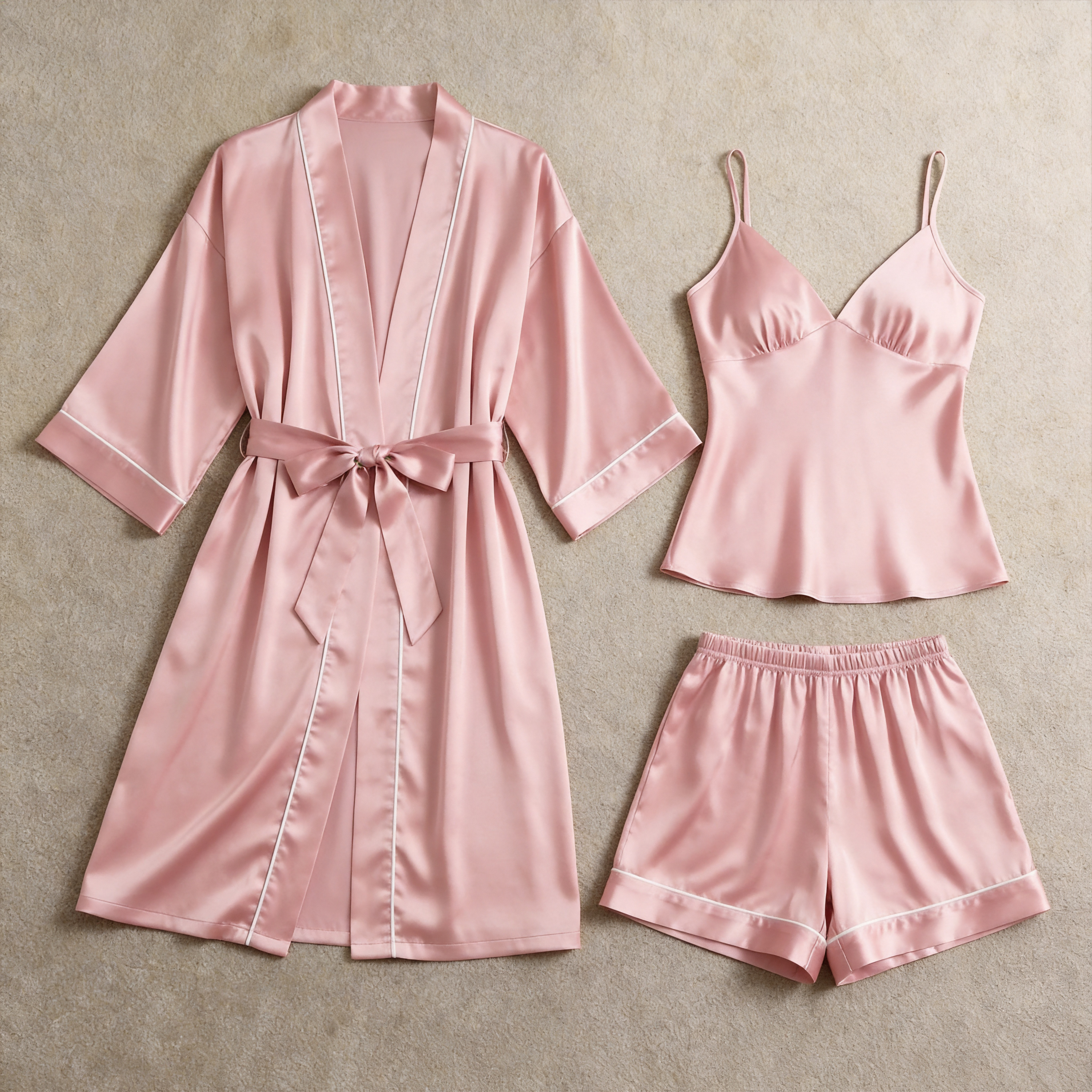 Solid Satin 3-Piece Sleepwear Set for Women - Robe, Camisole & Shorts