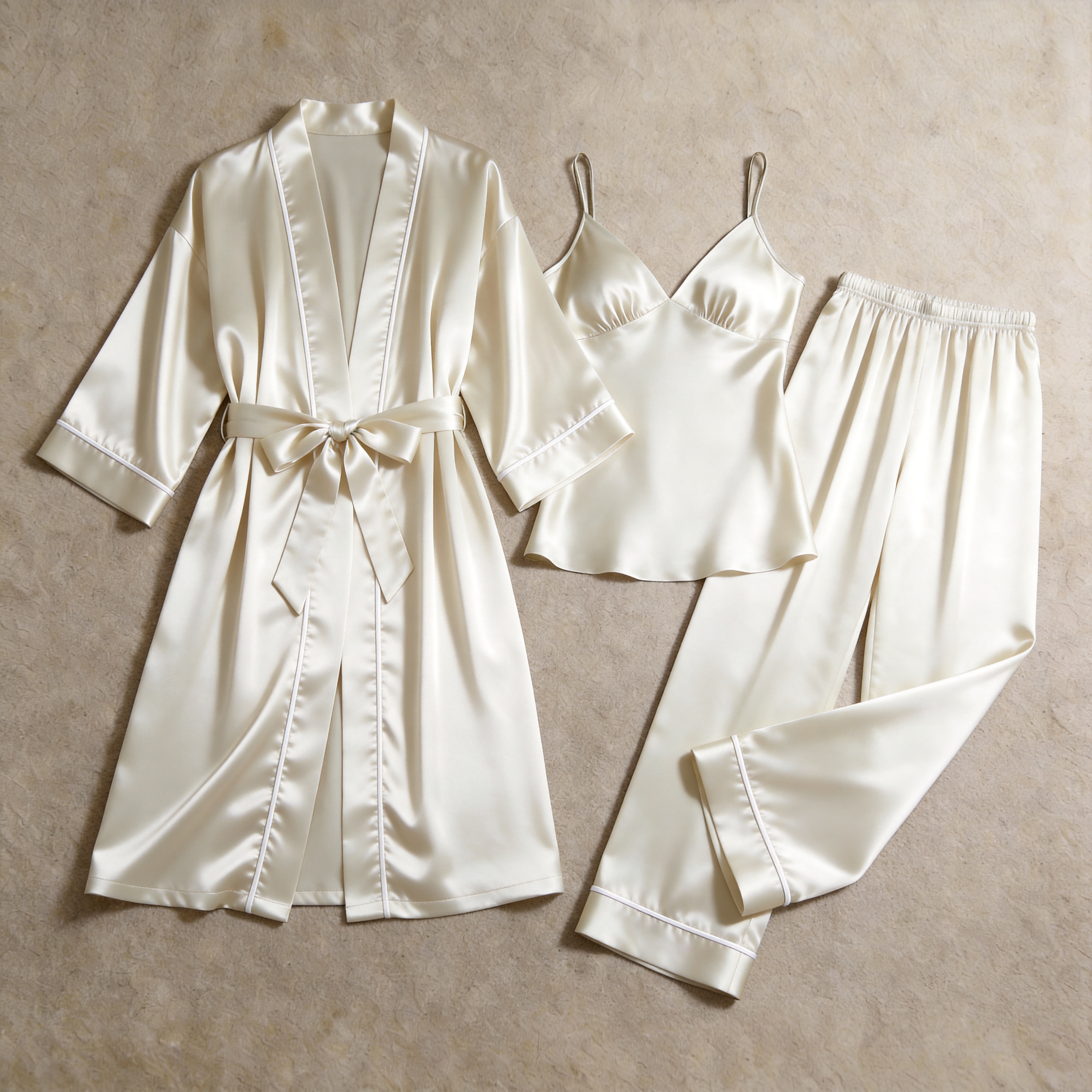 Solid Moonlight Silver Silky Satin Sleepwear Set - Women's Cozy Camisole, Long Pants & Matching Robe