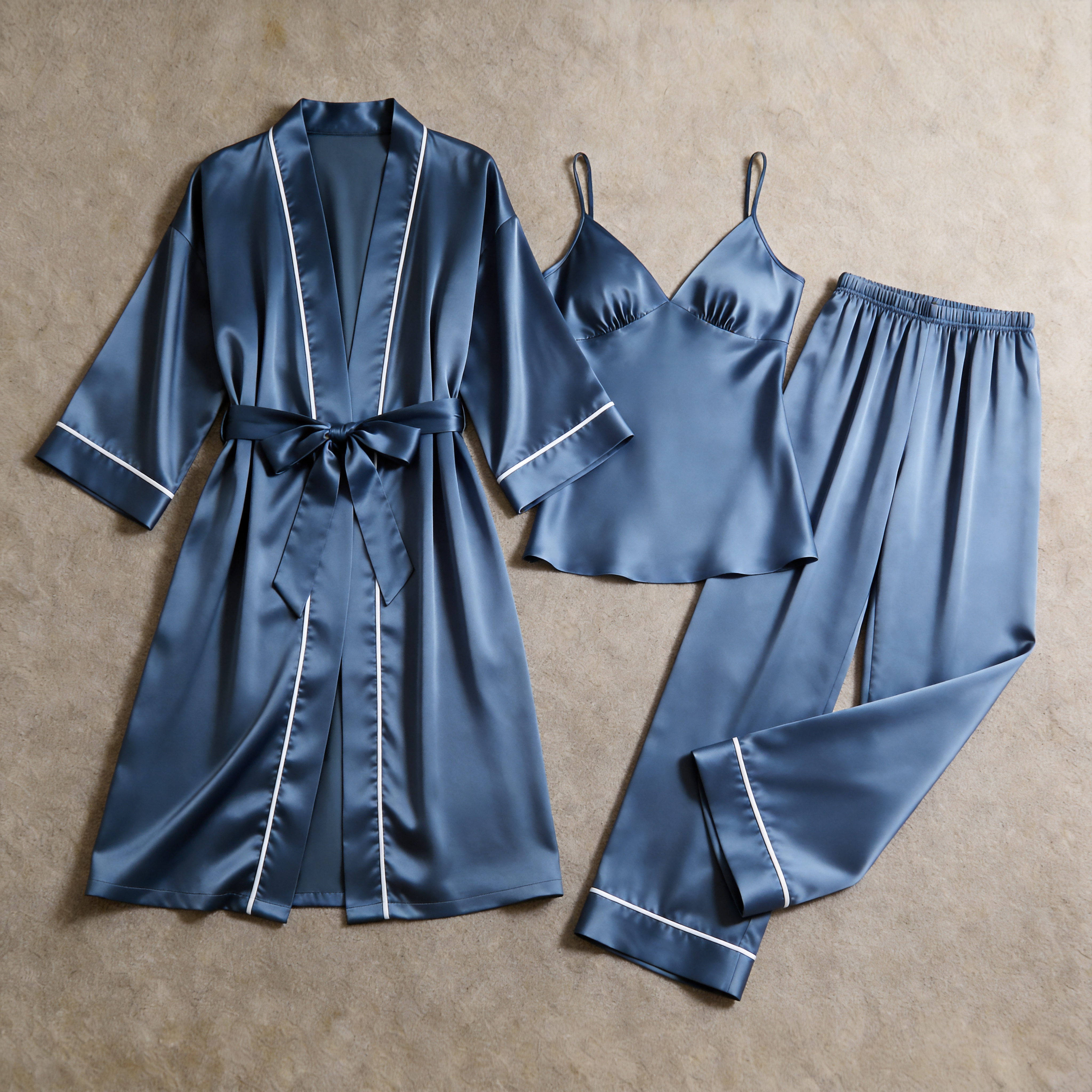 Solid Moonlight Silver Silky Satin Sleepwear Set - Women's Cozy Camisole, Long Pants & Matching Robe