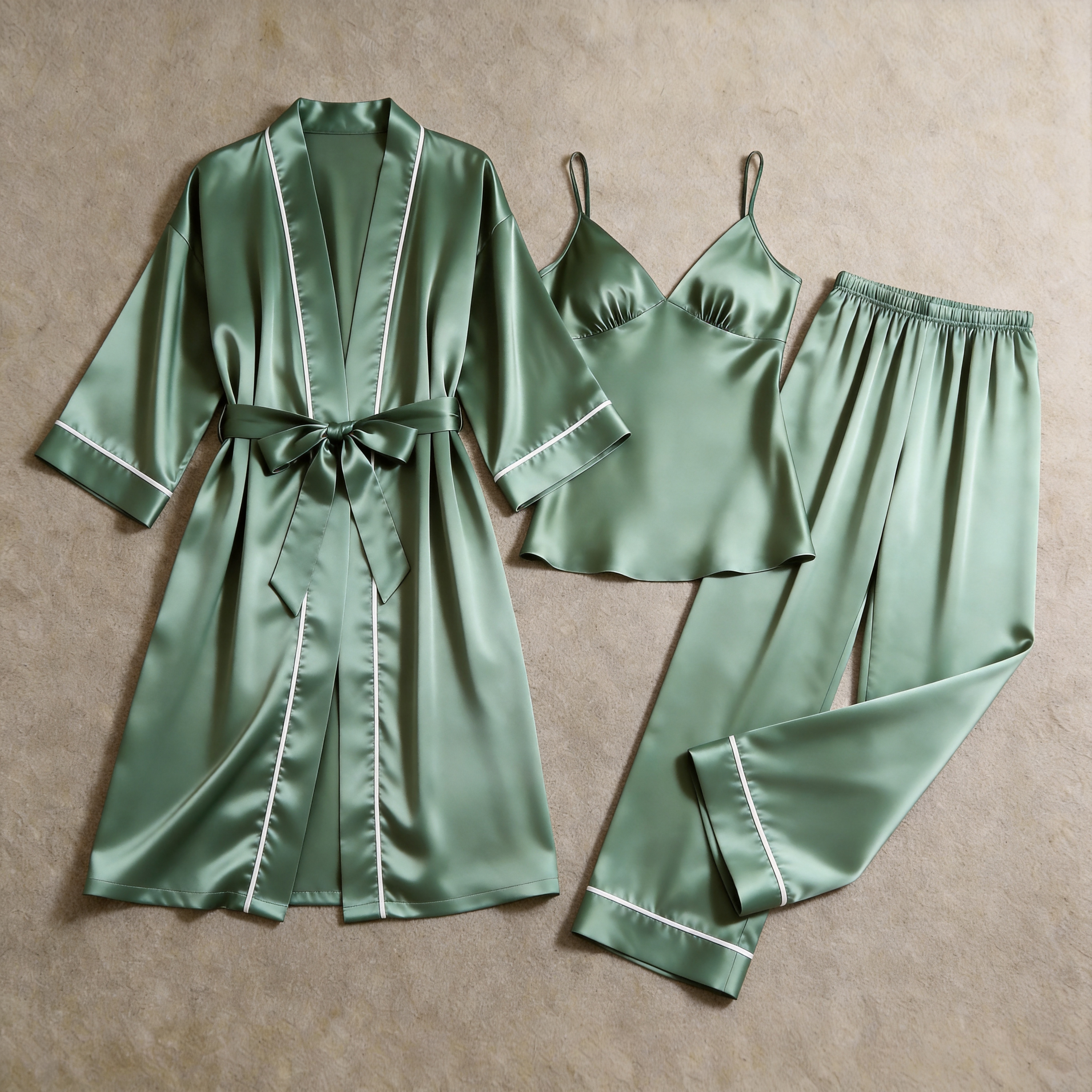 Solid Moonlight Silver Silky Satin Sleepwear Set - Women's Cozy Camisole, Long Pants & Matching Robe