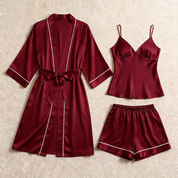 Solid Burgundy Satin 3-Piece Sleepwear Set for Women - Robe, Camisole & Shorts