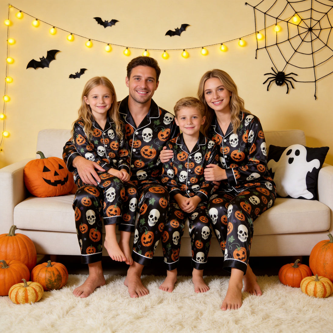 Black Skull & Pumpkin Print Satin Button-Up Family Halloween Pajamas Set