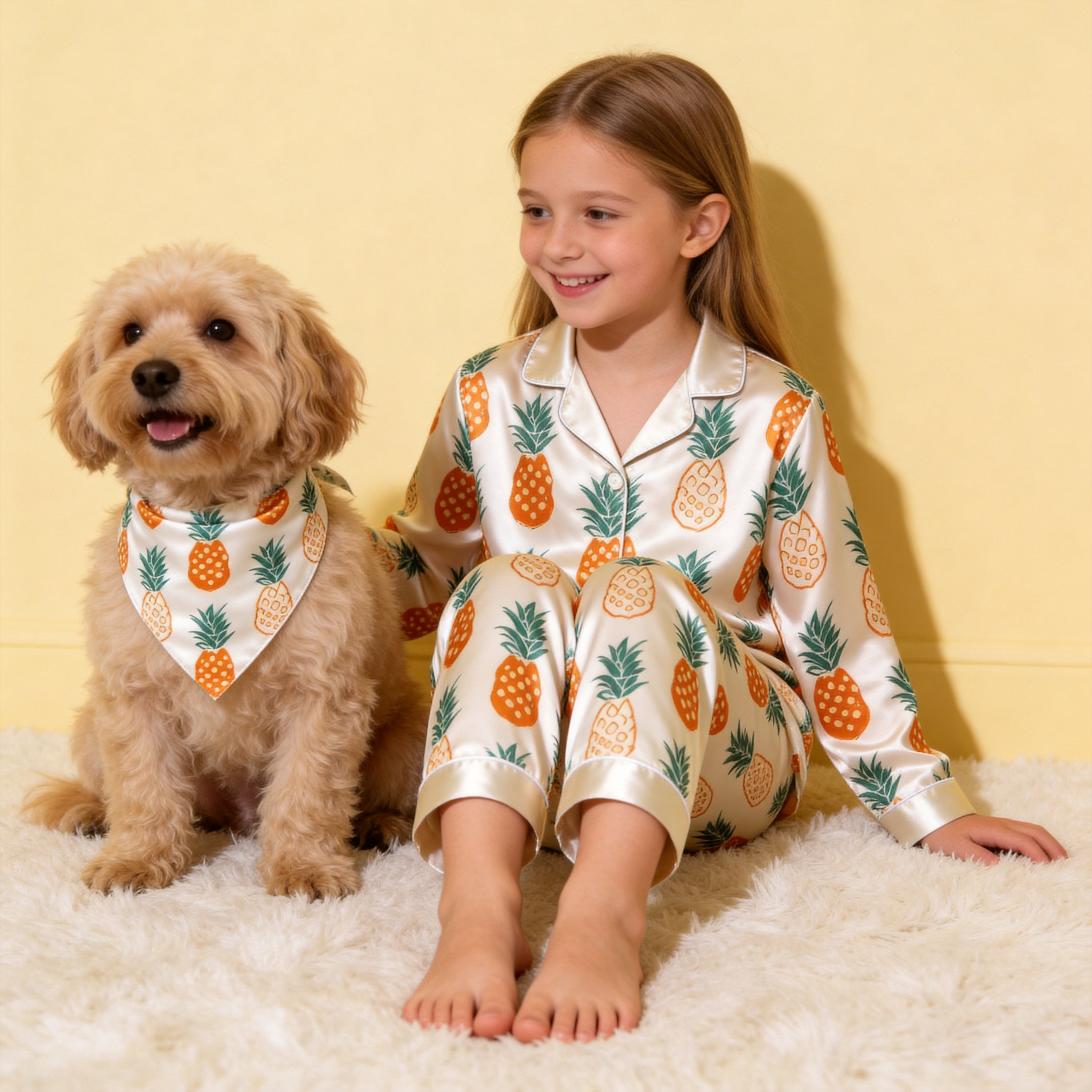White Pineapple Print Satin Button-Up Family Pajamas Set