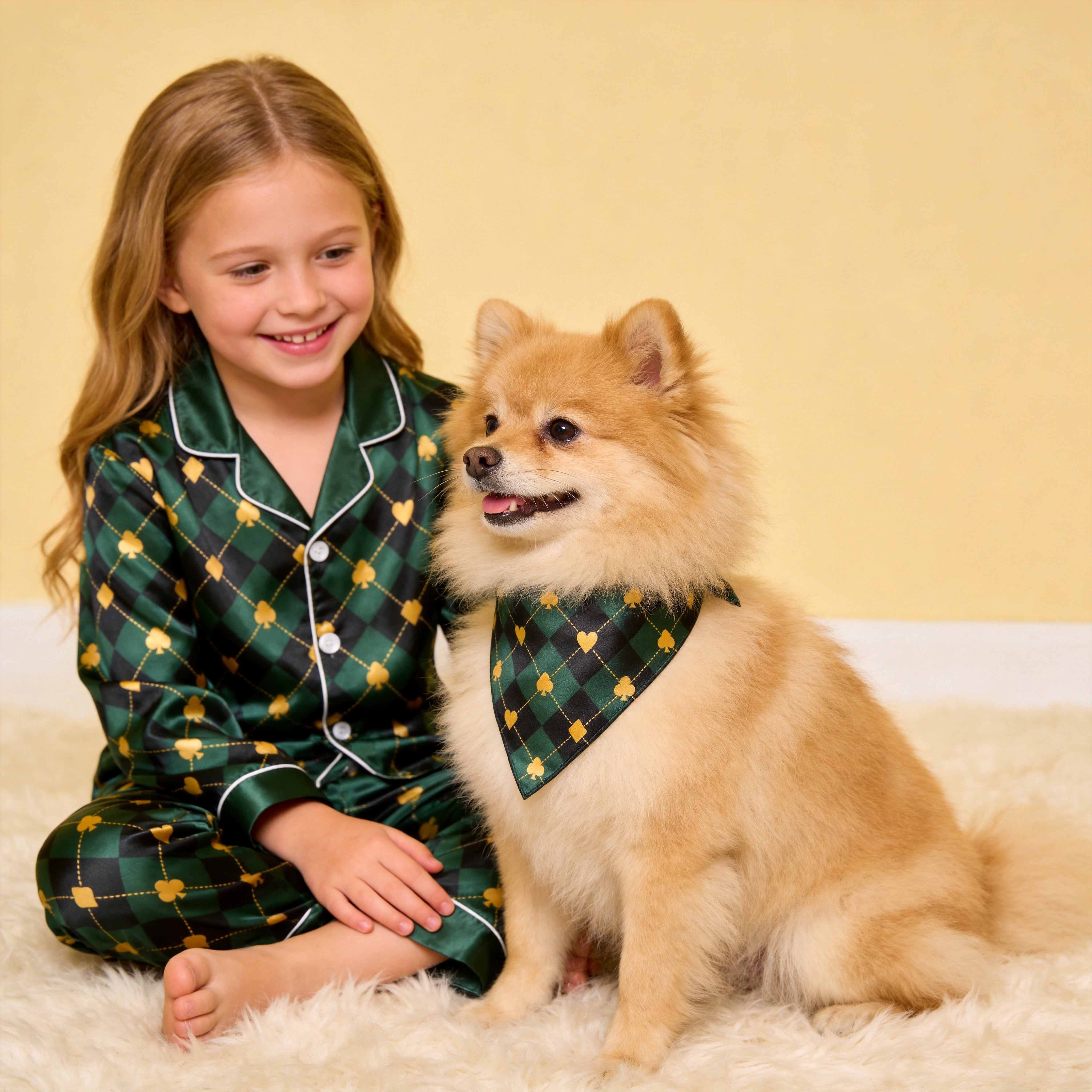 Green Argyle Heart Print Satin Button-Up Family Pajamas Set