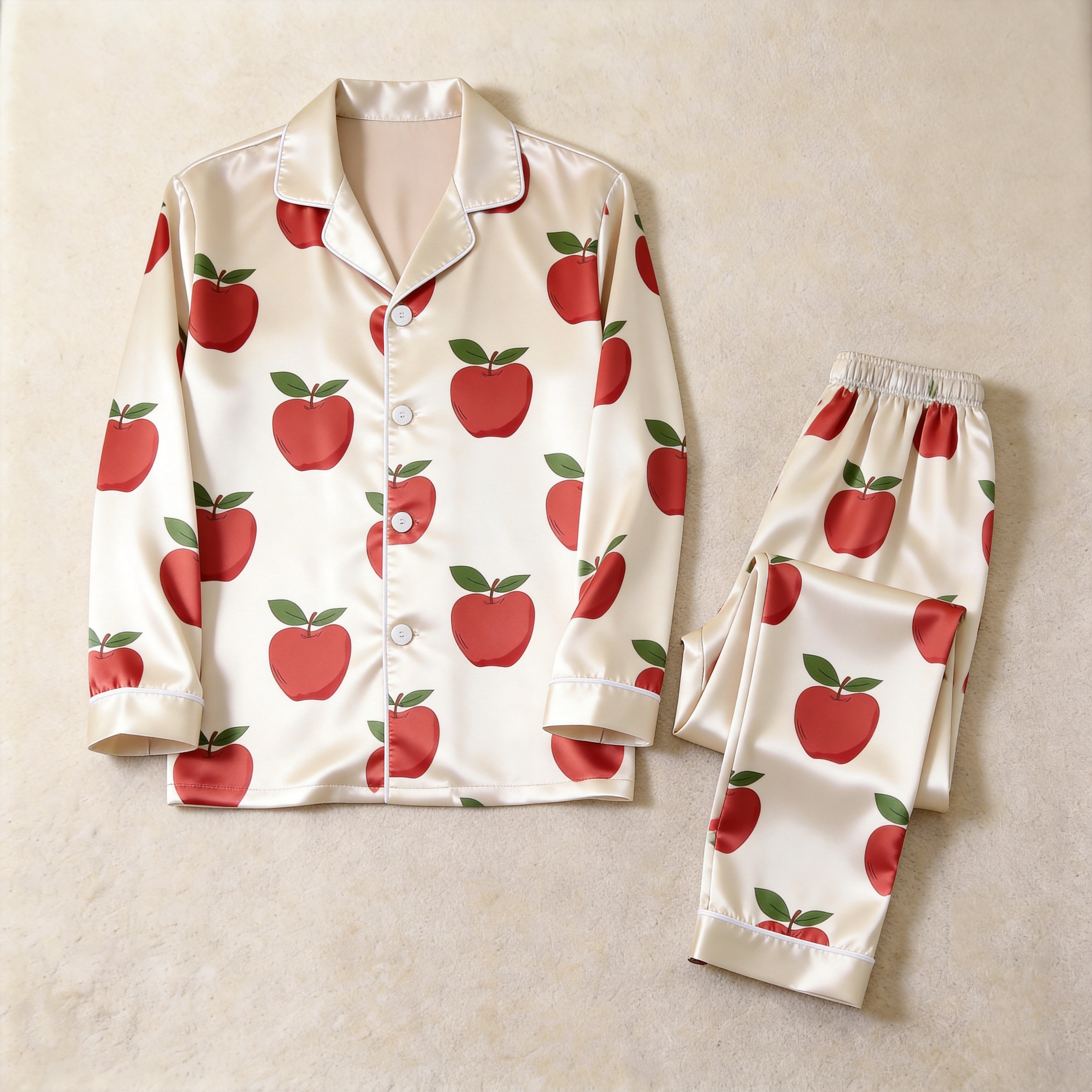 Creamy Red Apple Print Satin Matching Pajamas for Couples – Long Sleeve Button-Down Top & Pants Sleepwear Set