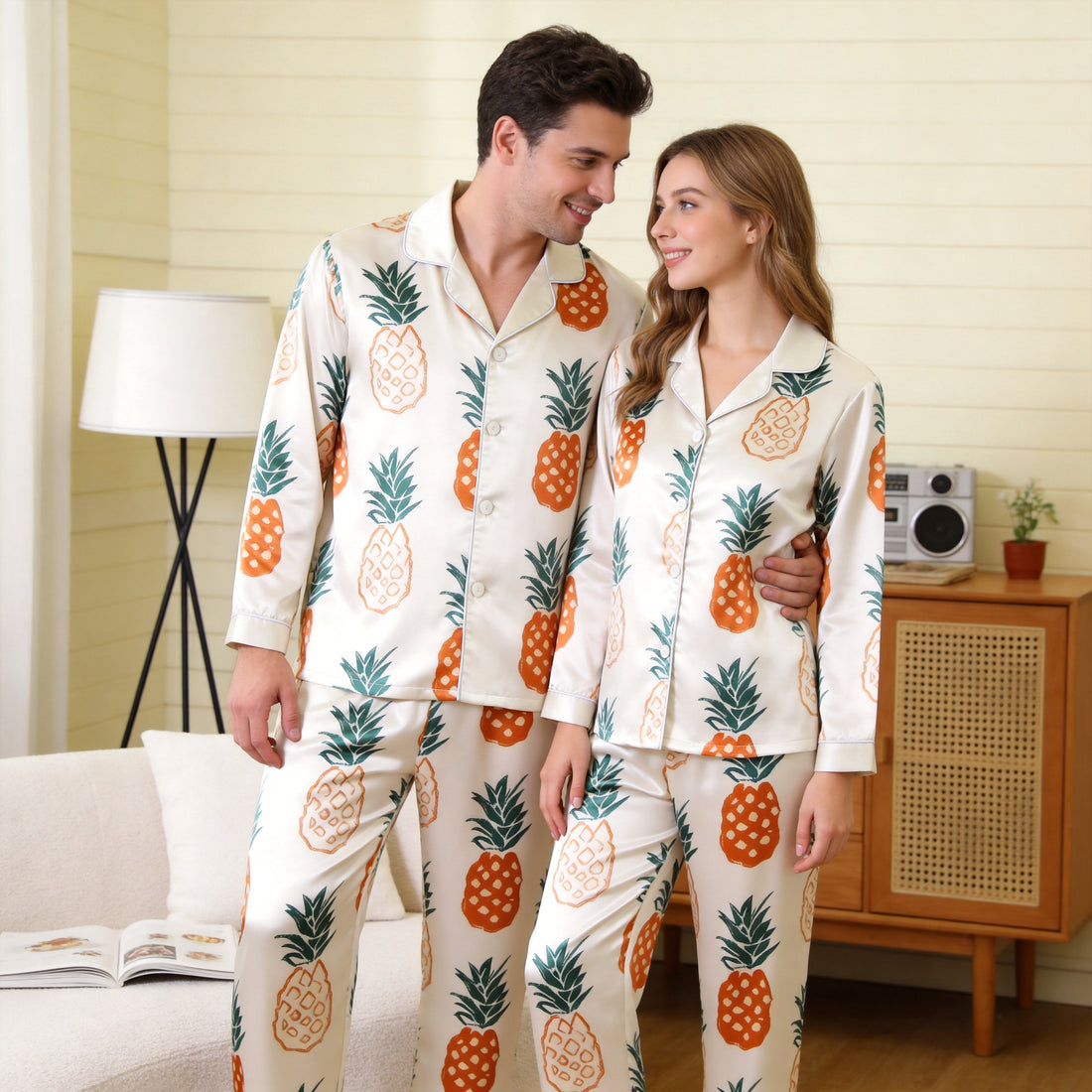 Tropical Orange Pineapple Print Satin Matching Pajamas for Couples – Long Sleeve Button-Down Top & Pants Sleepwear Set