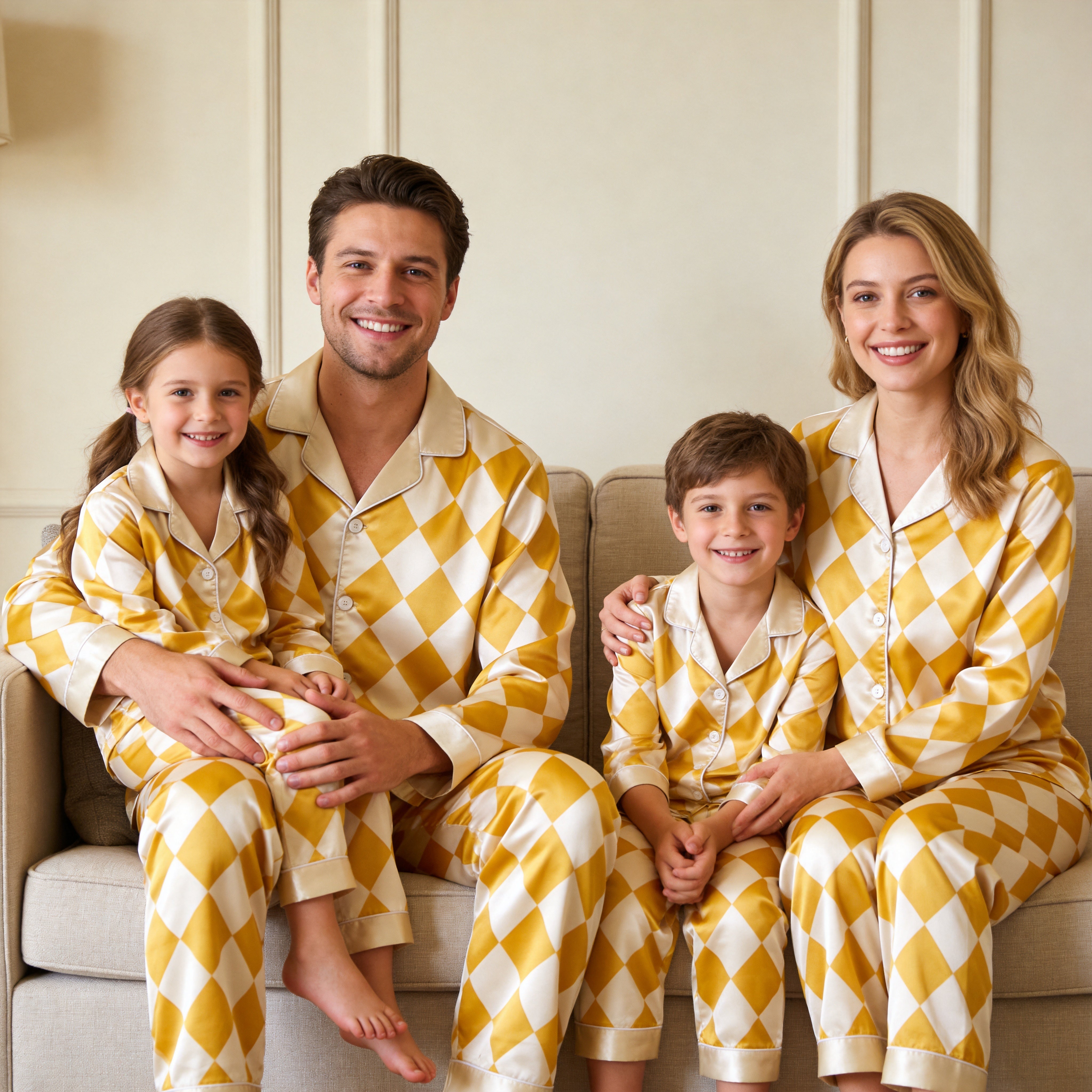Yellow and White Argyle Satin Button-Up Family Pajamas Set