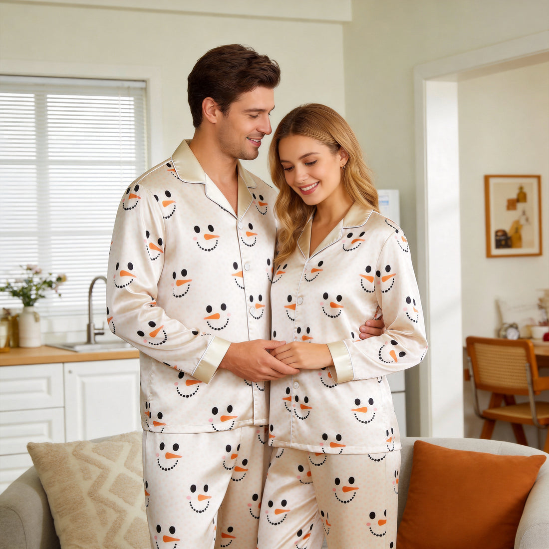 Cute Snowman Face Print Satin Matching Pajamas for Couples – Long Sleeve Button-Down Top & Pants Sleepwear Set