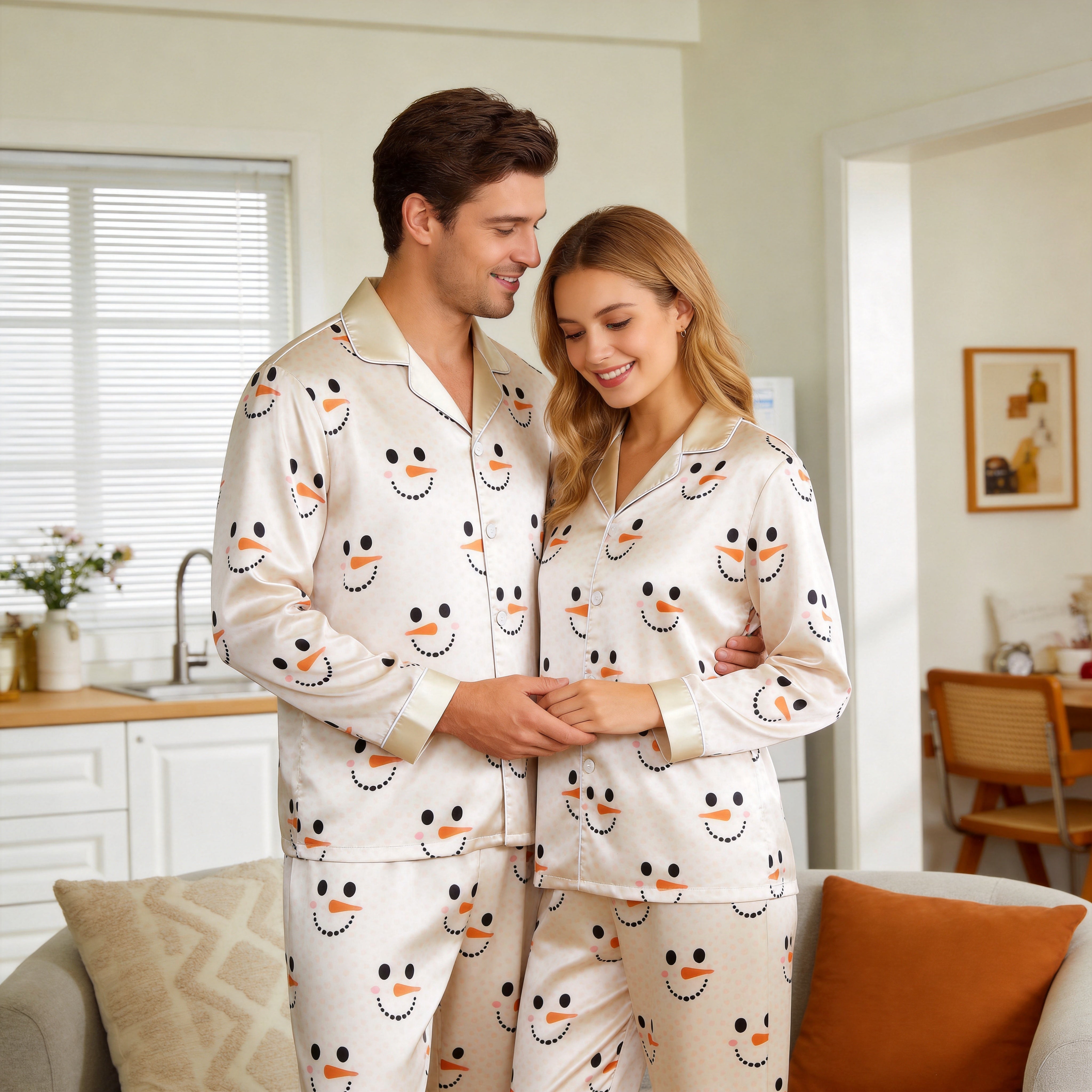 Cute Snowman Face Print Satin Matching Pajamas for Couples – Long Sleeve Button-Down Top & Pants Sleepwear Set