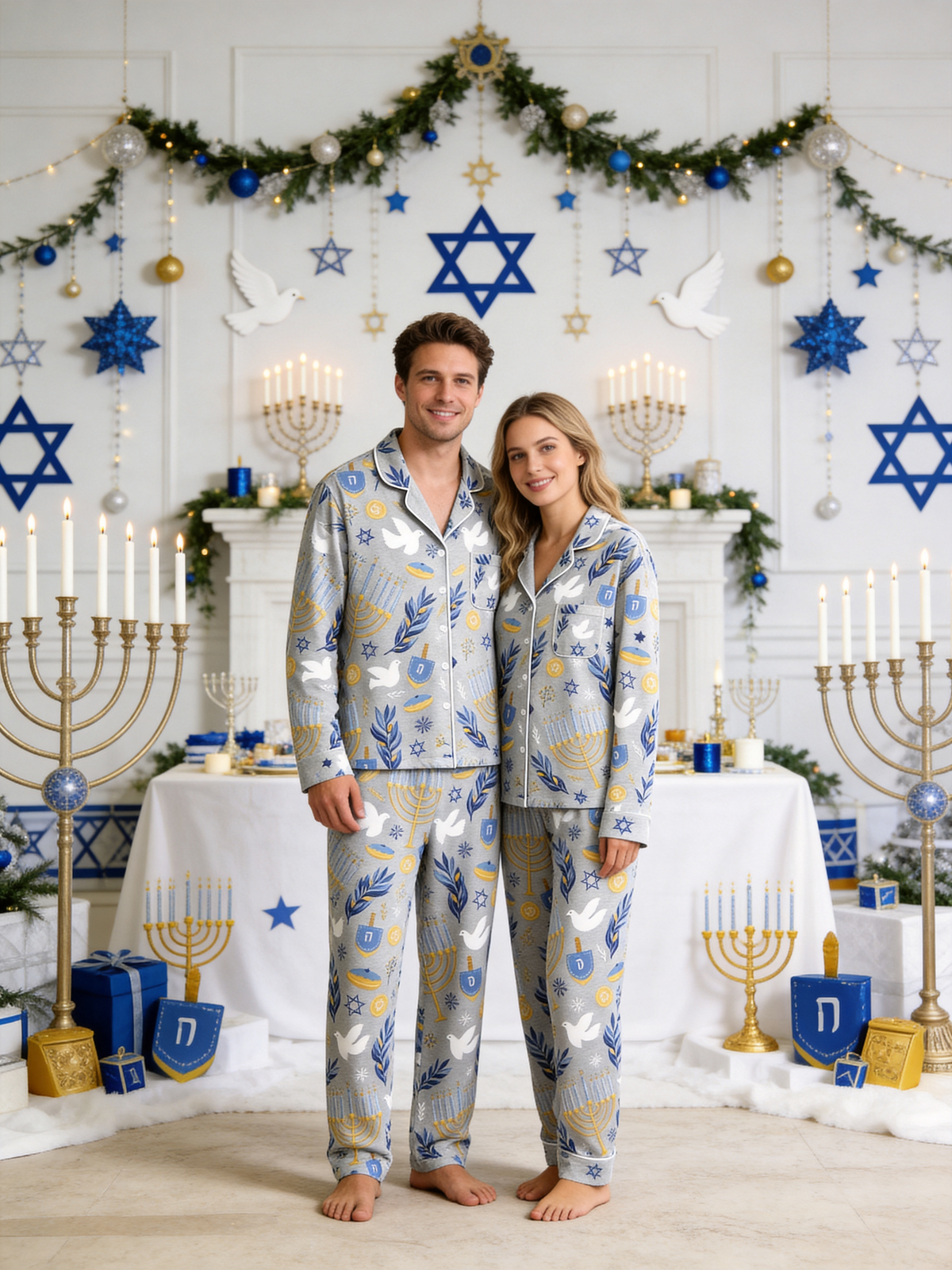 Hanukkah Family Pajamas Two-Piece Button-Front Long Sleeve Long Pants with Pocket - Hanukkah Menorah & Dove Print