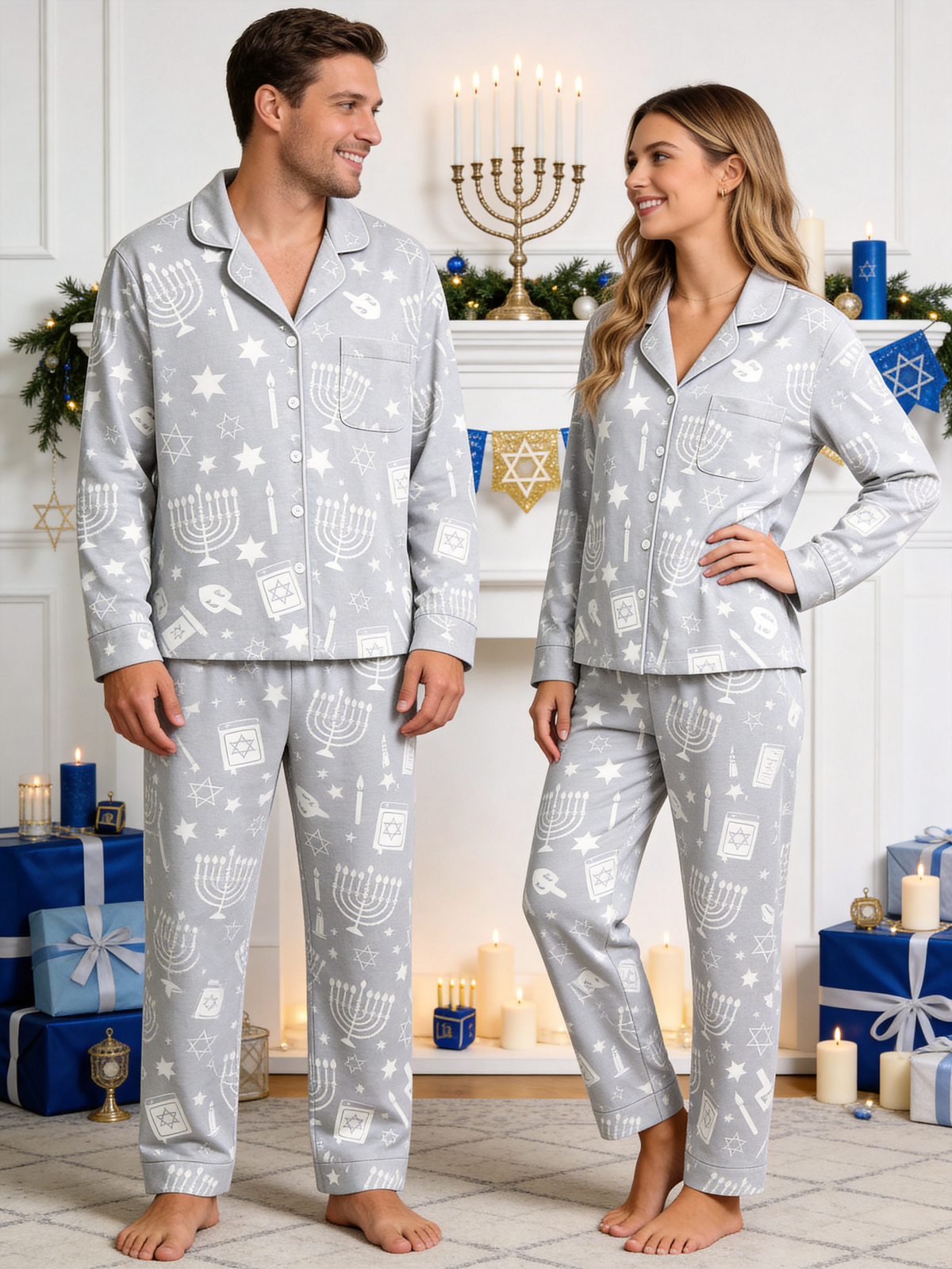 Hanukkah Family Pajamas Two-Piece Button-Front Long Sleeve Long Pants with Pocket - Hanukkah Menorah & Dove Print